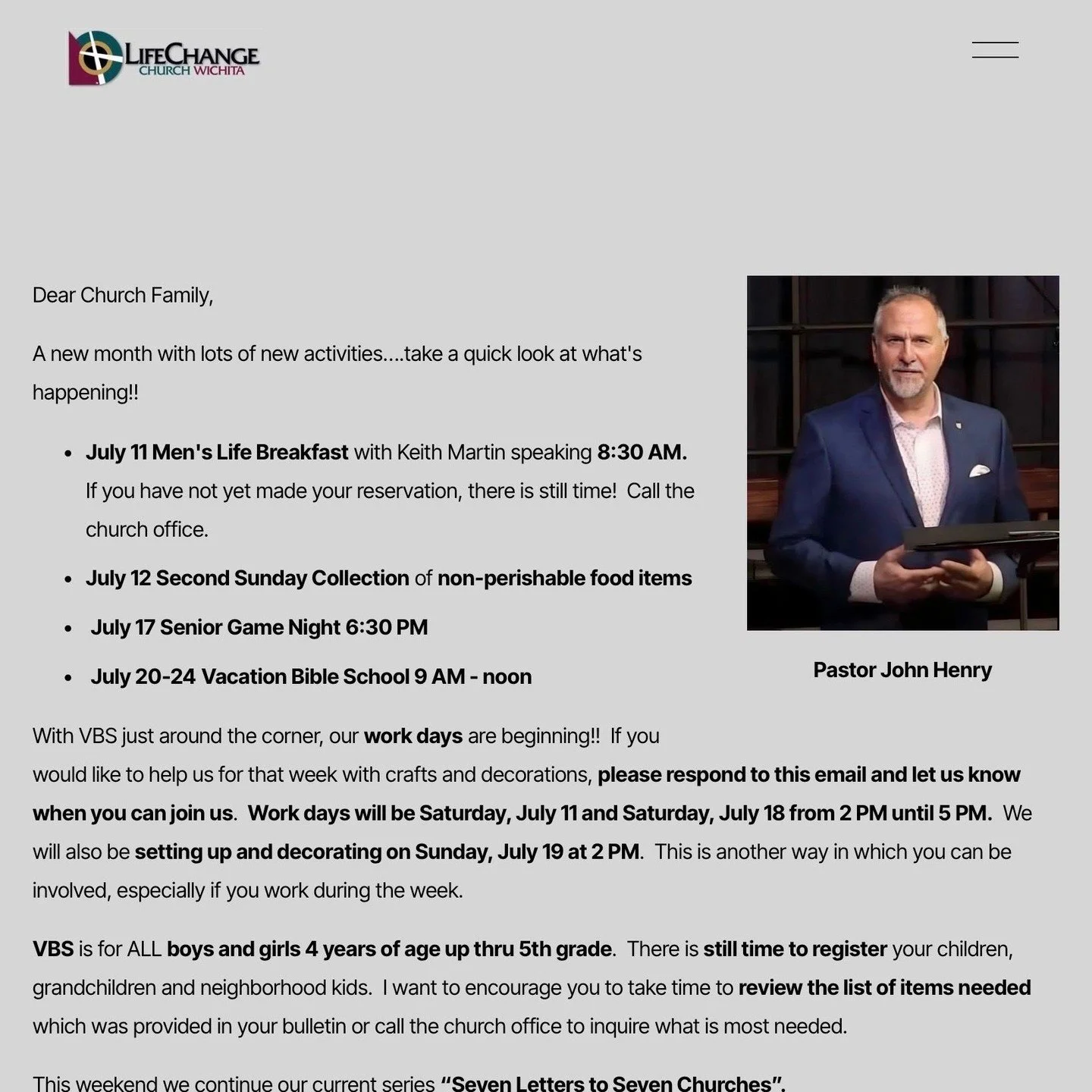 The Weekly Enews is available online! 
Visit https://www.lifechangechurchwichita.com/news

Stay up to date with ministry news and events at LifeChange Church Wichita. 

#lifechangechurchwichita