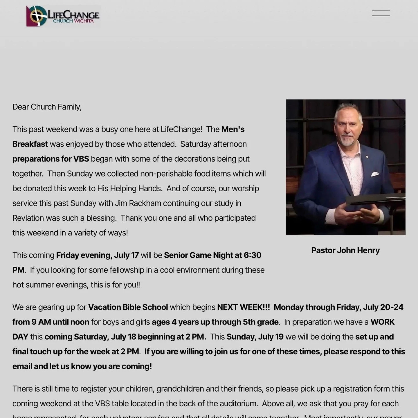The Weekly Enews is available online! 
Visit https://www.lifechangechurchwichita.com/news

Stay up to date with ministry news and events at LifeChange Church Wichita. 

#lifechangechurchwichita