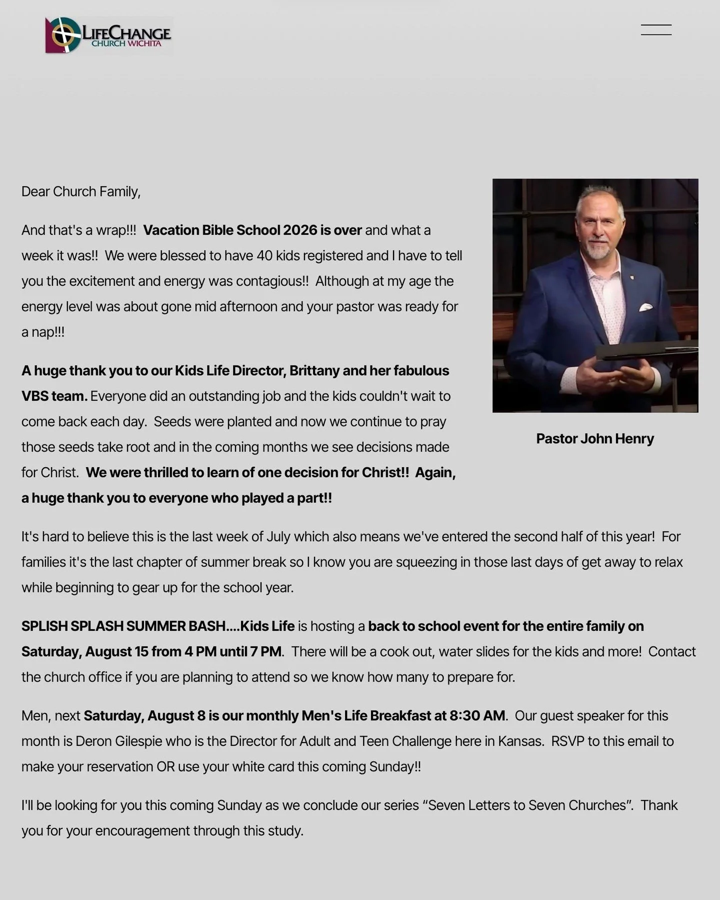 The Weekly Enews is available online! 
Visit https://www.lifechangechurchwichita.com/news

Stay up to date with ministry news and events at LifeChange Church Wichita. 

#lifechangechurchwichita