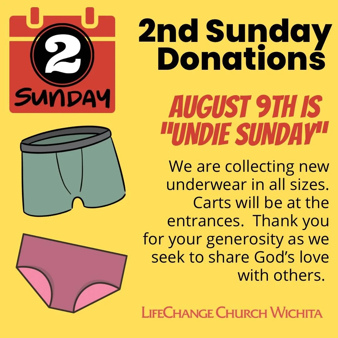 &ldquo;Undie Sunday&rdquo; is coming up on August 9th!
This 2nd Sunday collection supports our outreach efforts by gathering new underwear for all ages. Look for collection carts at each entrance. Thank you for helping us share God&rsquo;s love in su