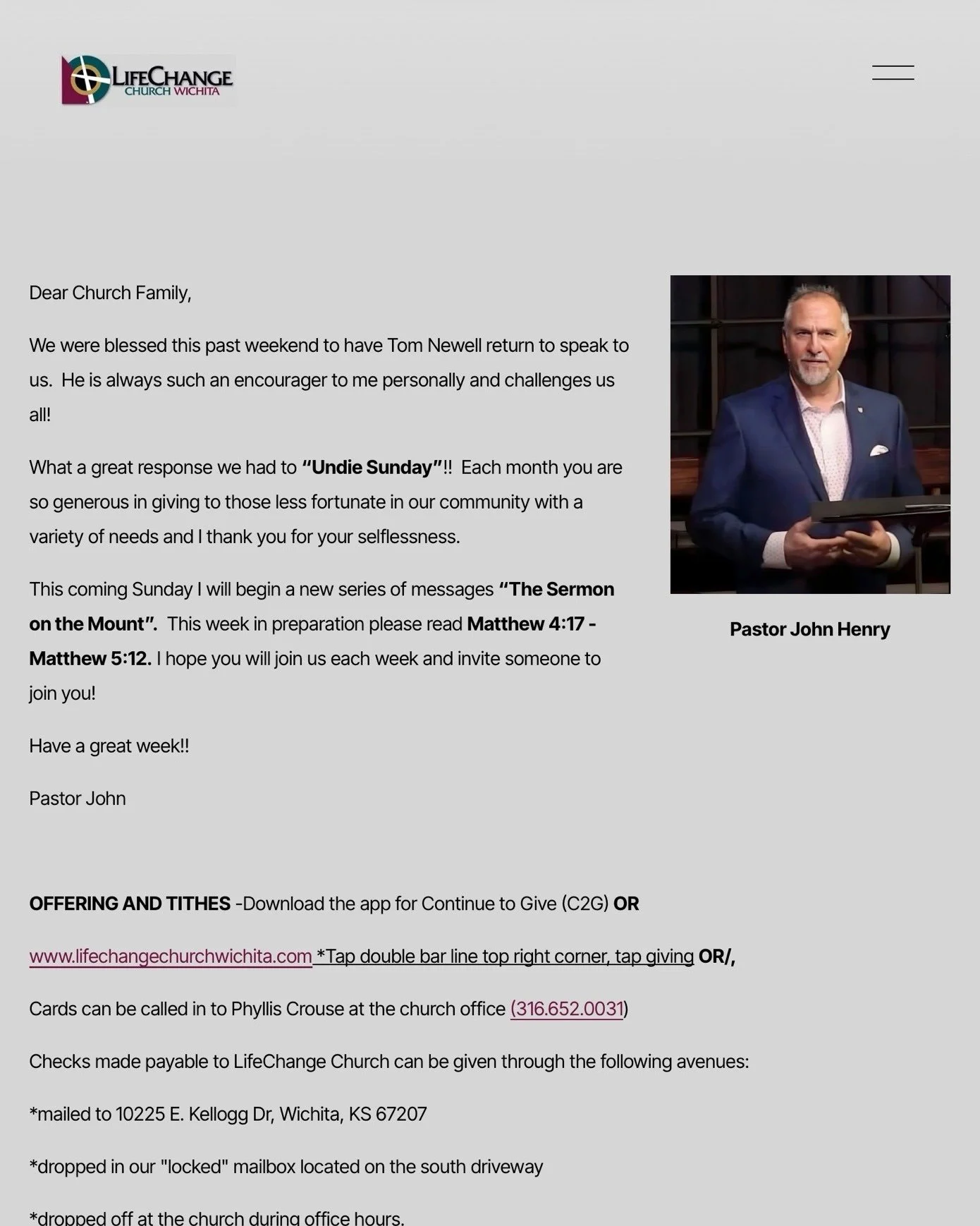The Weekly Enews is available online! 
Visit https://www.lifechangechurchwichita.com/news

Stay up to date with ministry news and events at LifeChange Church Wichita. 

#lifechangechurchwichita