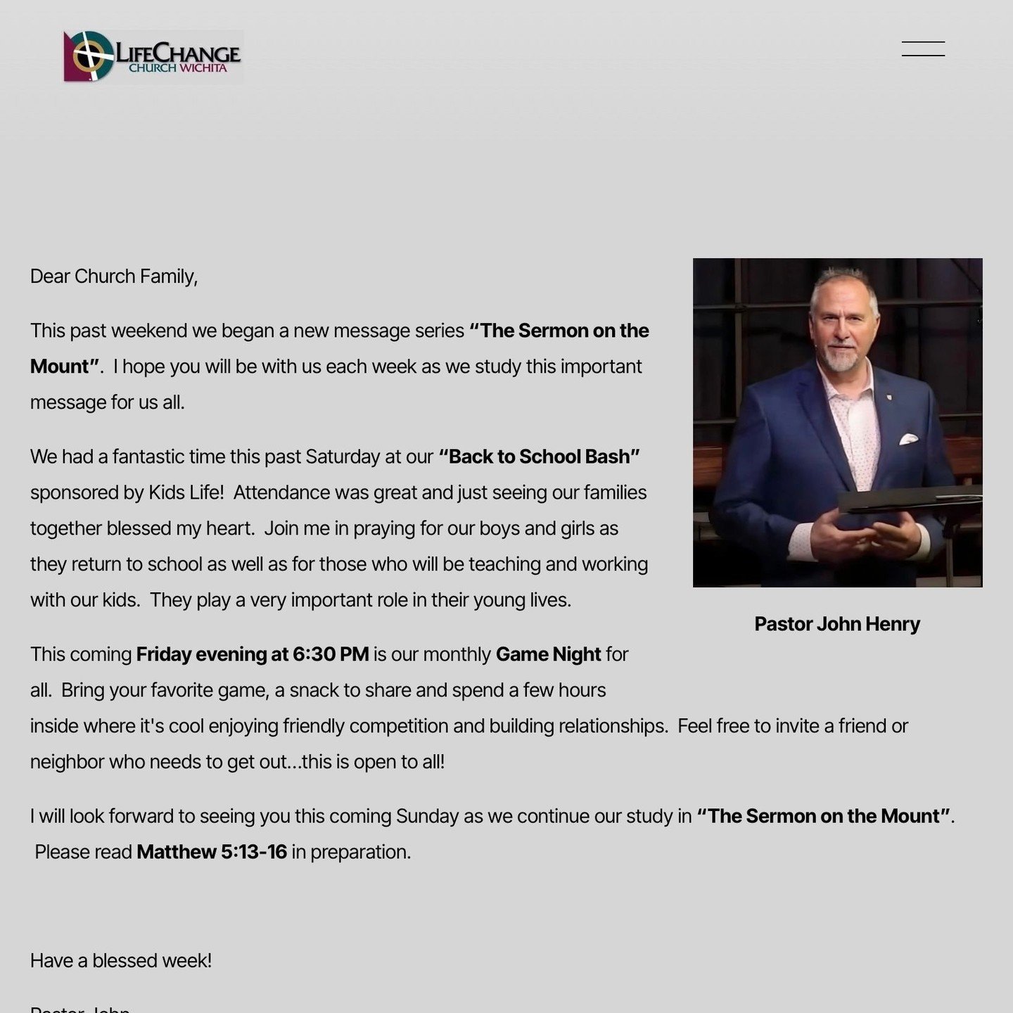 The Weekly Enews is available online! 
Visit https://www.lifechangechurchwichita.com/news

Stay up to date with ministry news and events at LifeChange Church Wichita. 

#lifechangechurchwichita