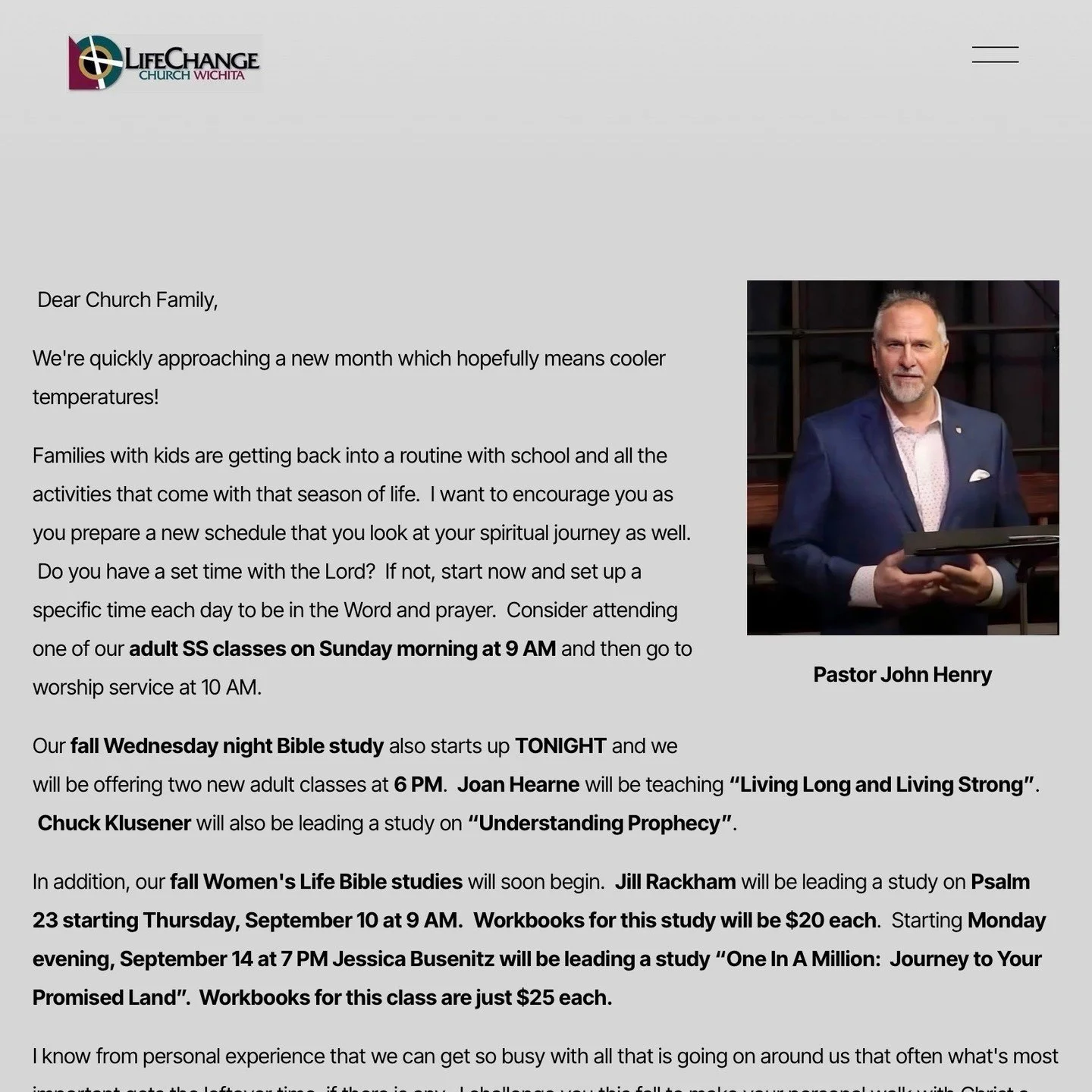 The Weekly Enews is available online! 
Visit https://www.lifechangechurchwichita.com/news

Stay up to date with ministry news and events at LifeChange Church Wichita. 

#lifechangechurchwichita