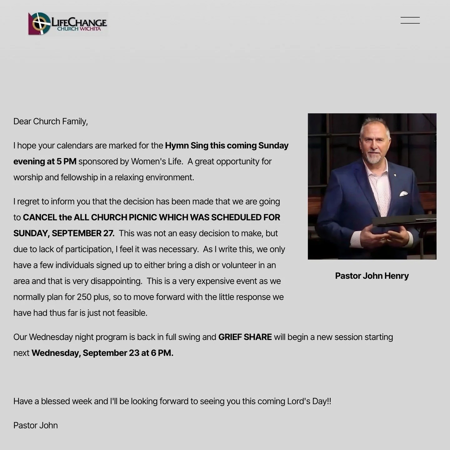 The Weekly Enews is available online! 
Visit https://www.lifechangechurchwichita.com/news

Stay up to date with ministry news and events at LifeChange Church Wichita. 

#lifechangechurchwichita