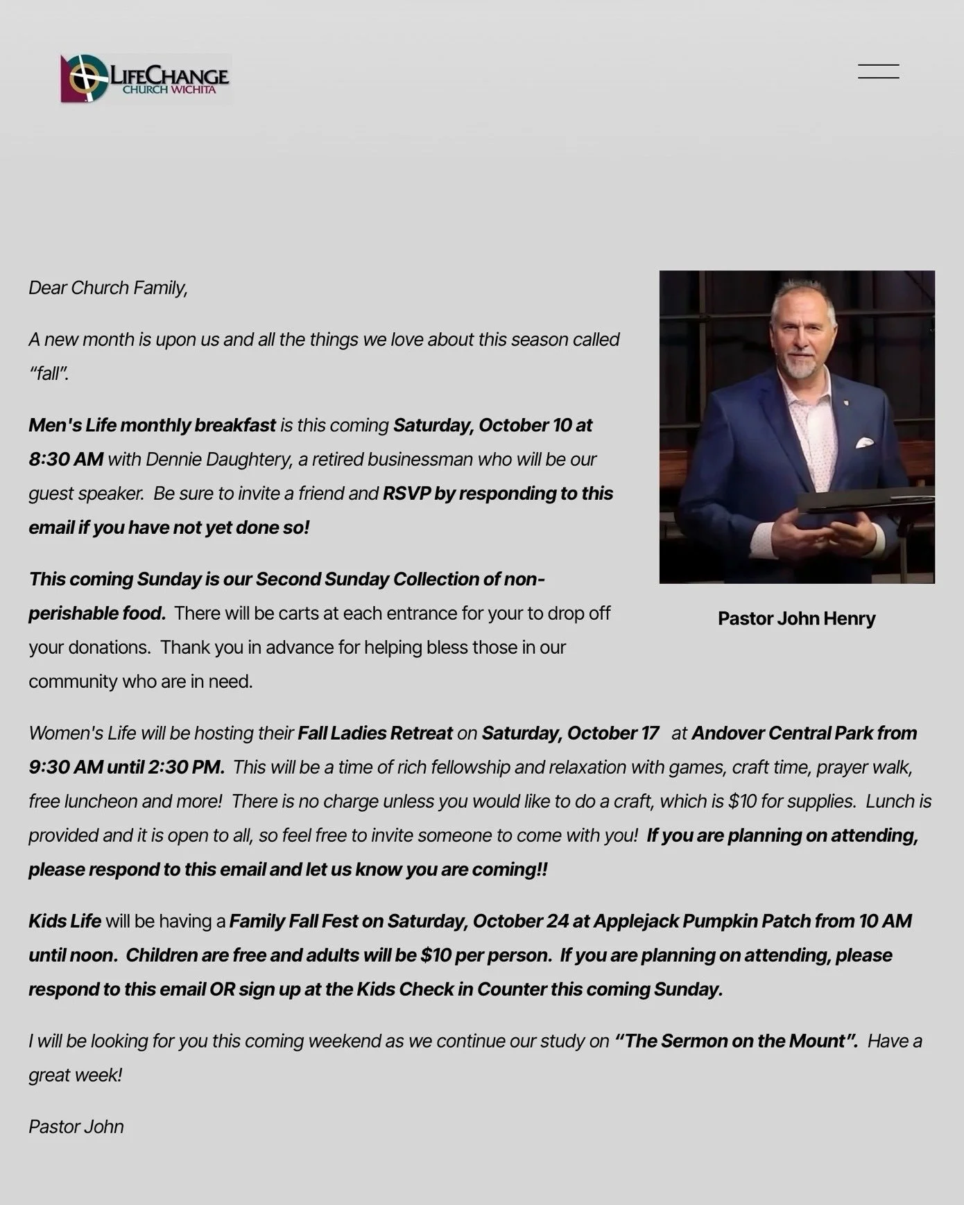 The Weekly Enews is available online! 
Visit https://www.lifechangechurchwichita.com/news

Stay up to date with ministry news and events at LifeChange Church Wichita. 

#lifechangechurchwichita