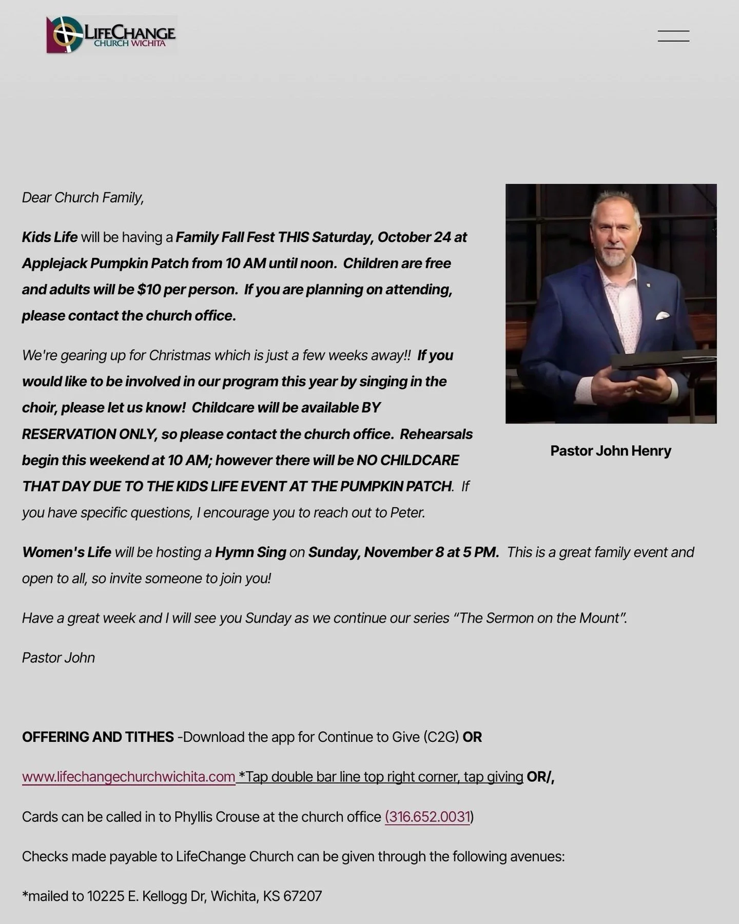 The Weekly Enews is available online! 
Visit https://www.lifechangechurchwichita.com/news

Stay up to date with ministry news and events at LifeChange Church Wichita. 

#lifechangechurchwichita