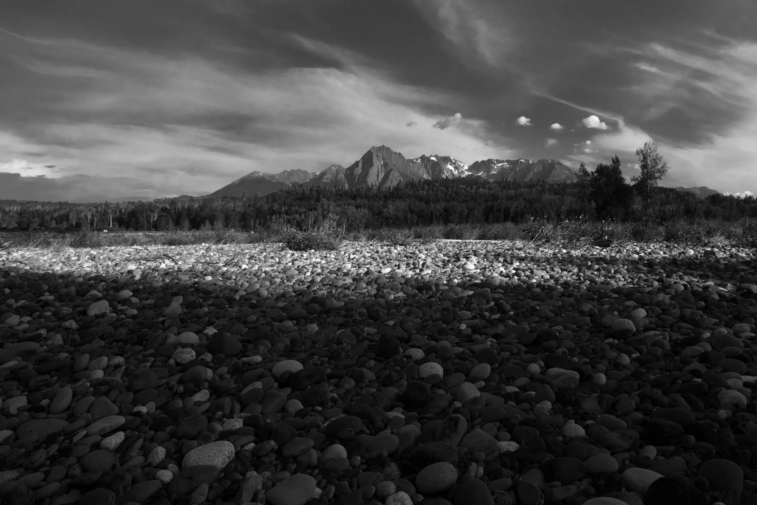 Black and white photograph of a mountain range with snow-capped peaks, trees in the foreground, and a cloudy sky above.