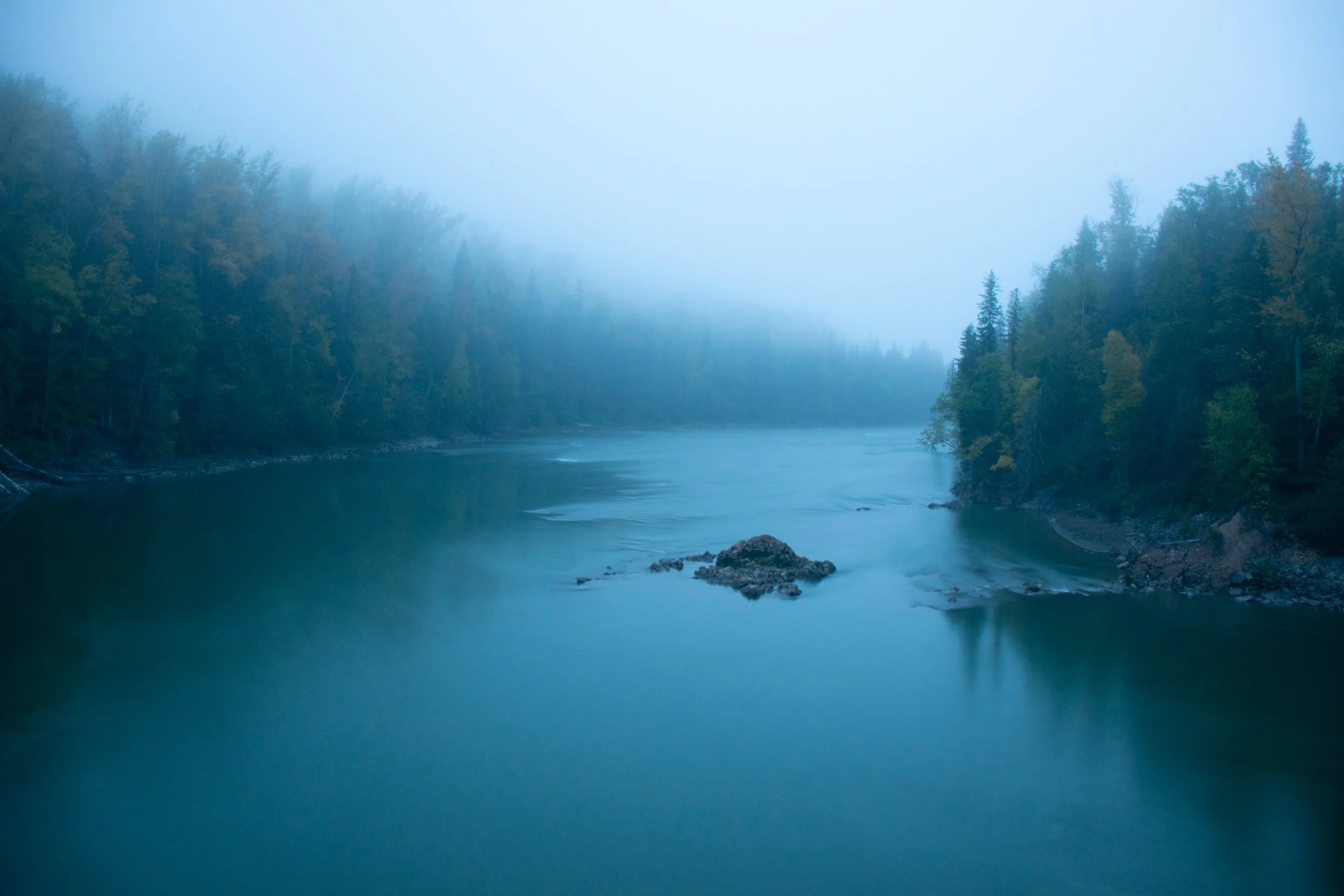 A foggy river surrounded by lush green trees on both sides.