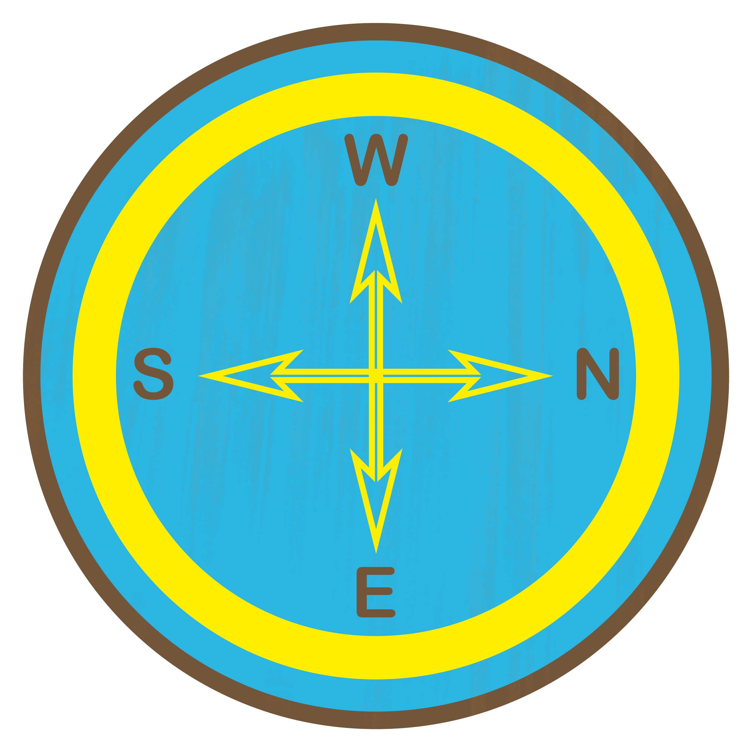 Colorful compass rose with blue, yellow, and brown segments, displaying the directions W, S, E, N with an arrow pointing north.