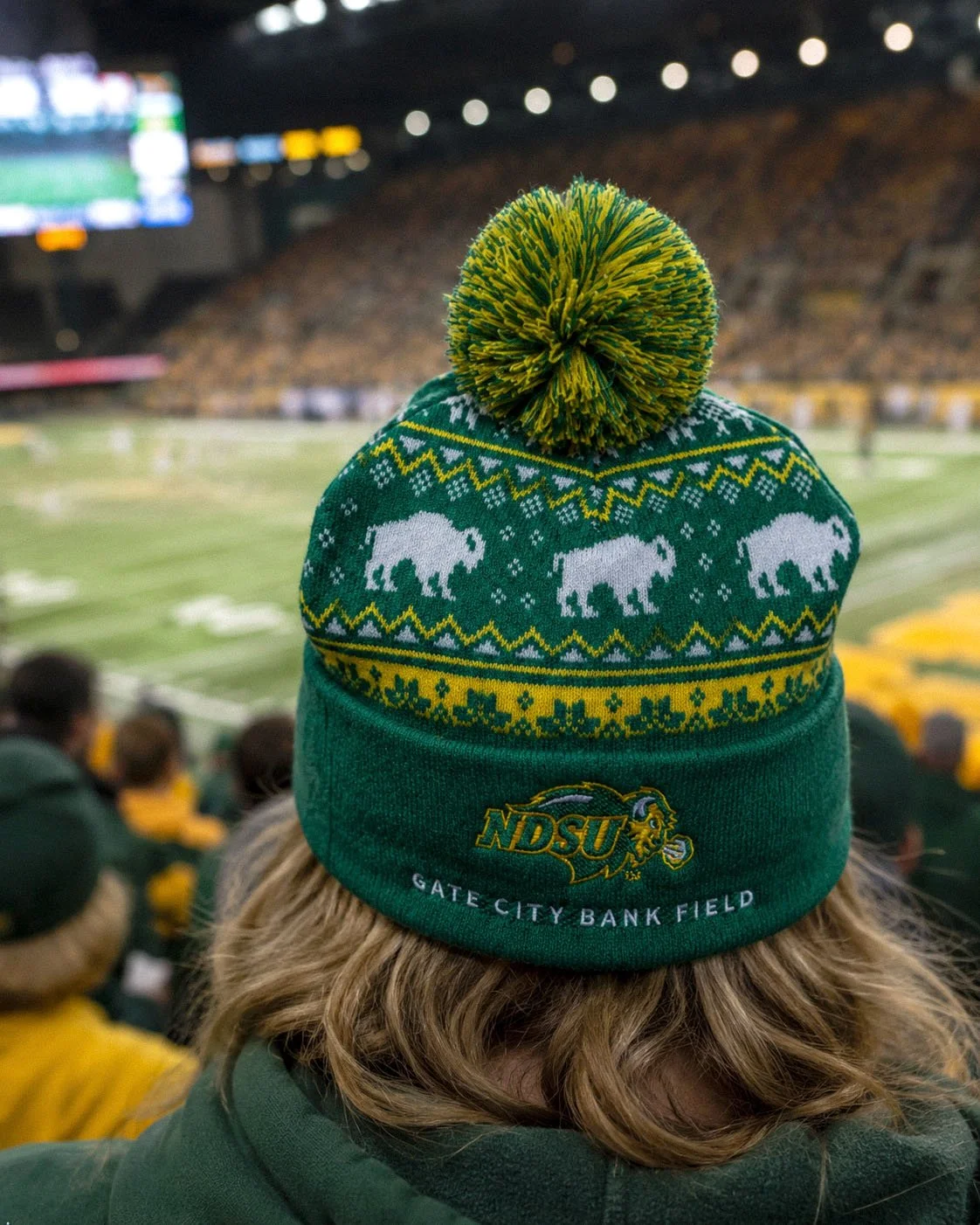 Winter hat with custom sweater pattern, incorporating a bison motif to match the team's mascot.