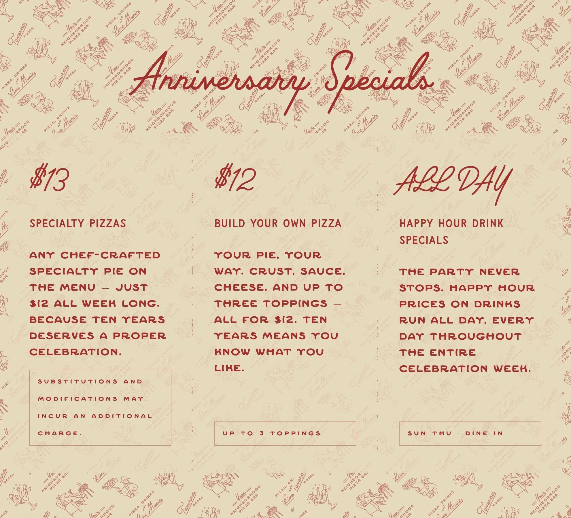A promotional flyer for a pizza place's anniversary specials. The background is beige with small, red line drawings of people eating pizza and the pizza restaurant's name, 'Your Neighborhood Pizza Bar,' along with the slogan 'Slice Music.' The main text in red cursive says 'Anniversary Specials,' with prices of $13 and $12 for different deals. Additional text mentions specialty pizzas, build-your-own options, happy hour drink specials, and a reminder that the offers run all week.