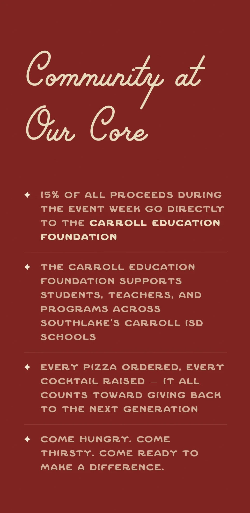 Poster with a red background and white and beige text promoting community support for the Carroll Education Foundation, including details about fundraising and community engagement activities.