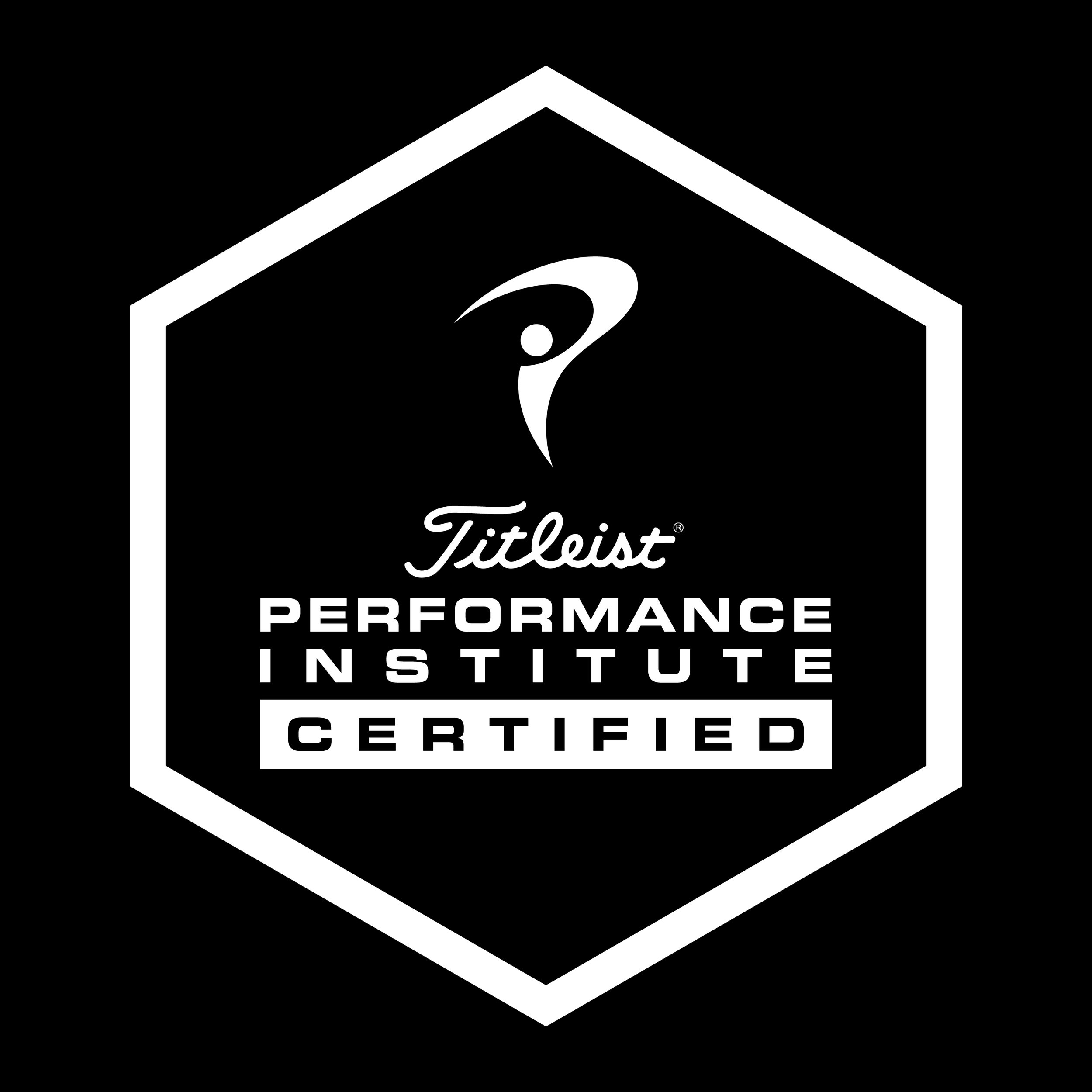 Black logo with a white geometric shield shape and the words "Titleist PERFORMANCE INSTITUTE CERTIFIED" inside