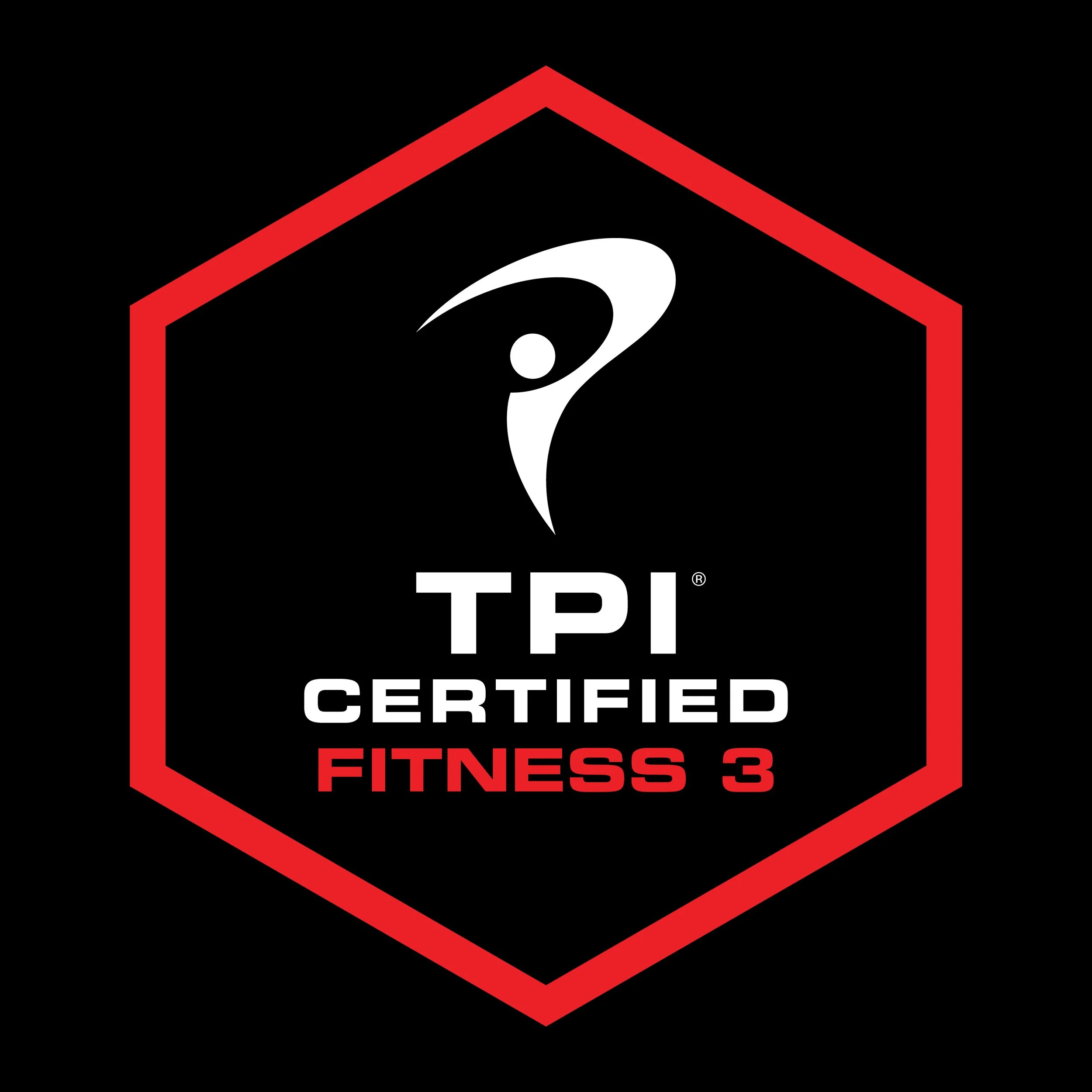 Certification badge with a black background, red octagonal border, and white text that reads 'TRI CERTIFIED FITNESS' with a white stylized swoosh above.