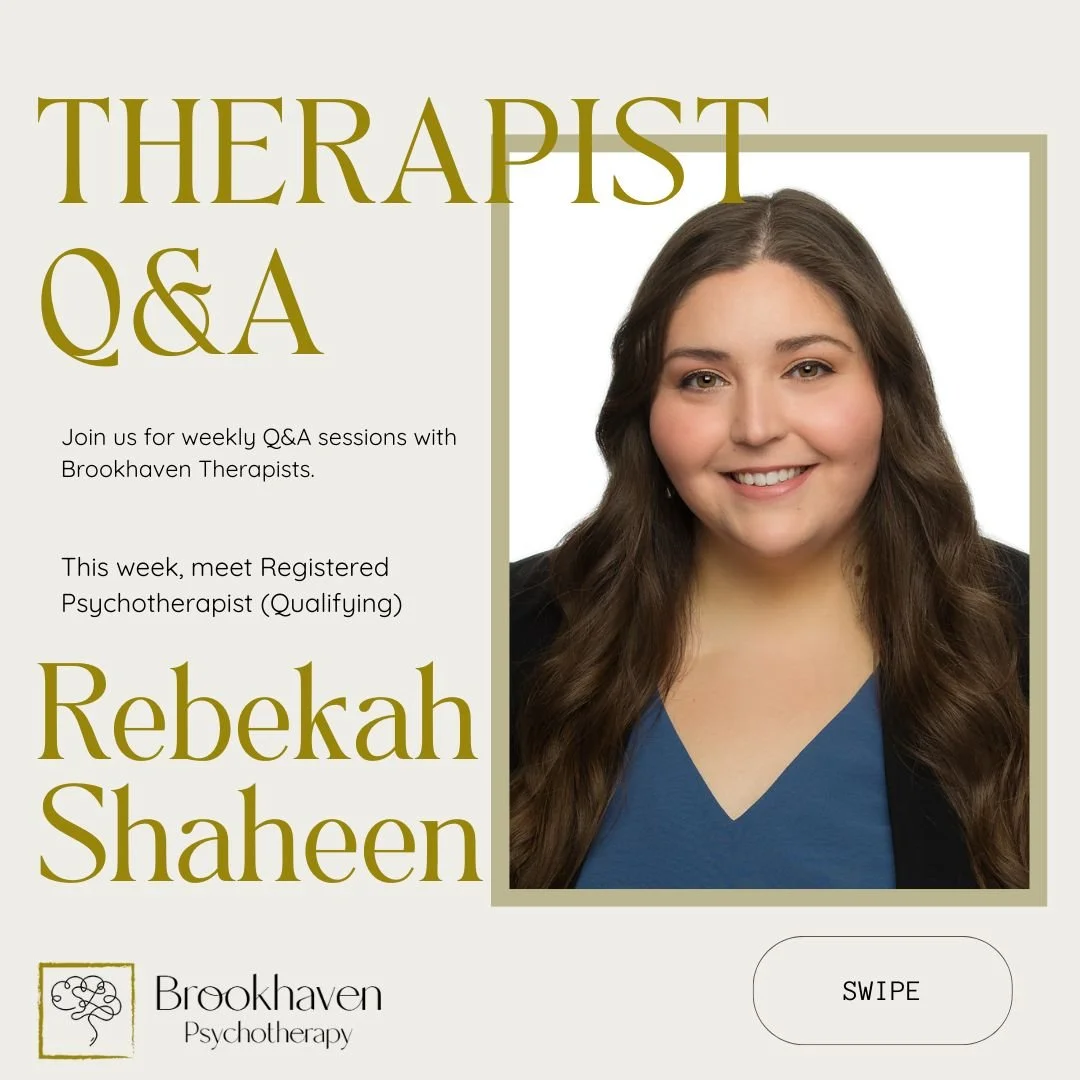 Welcome back to another week of our Therapist Q&amp;A! 🎉 

This week, meet Registered Psychotherapist (Qualifying) Rebekah Shaheen.

#MeetTheTeam #TherapistQandA #MentalHealthSupport #AskATherapist #GetToKnowUs #TherapyIsForEveryone #MentalHealth #b