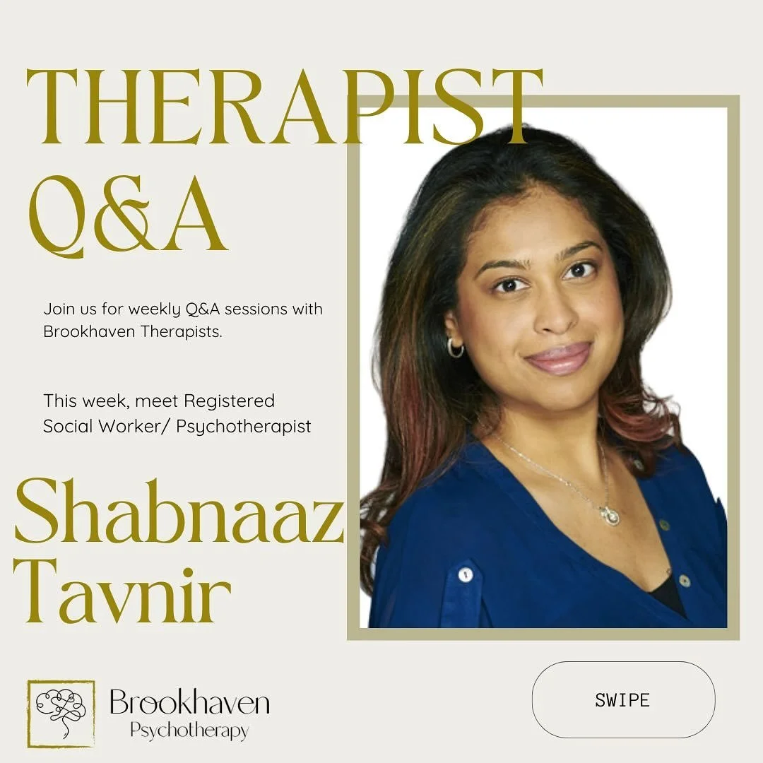 Welcome back to another week of our Therapist Q&amp;A! 🎉 

This week, meet Registered Social Worker/ Psychotherapist Shabnaaz Tanvir.

#MeetTheTeam #TherapistQandA #MentalHealthSupport #AskATherapist #GetToKnowUs #TherapyIsForEveryone #MentalHealth 