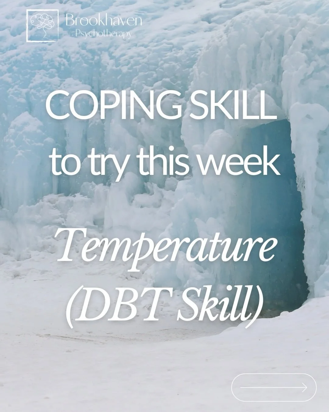 The &ldquo;T&rdquo; in DBT&rsquo;s TIPP skill: Temperature. 

When you feel intense distress, use cold sensations to lower your body&rsquo;s arousal quickly. It&rsquo;s science, not magic! 

#DBTskills #StressRelief #TherapyTools #CopingSkills #Emoti