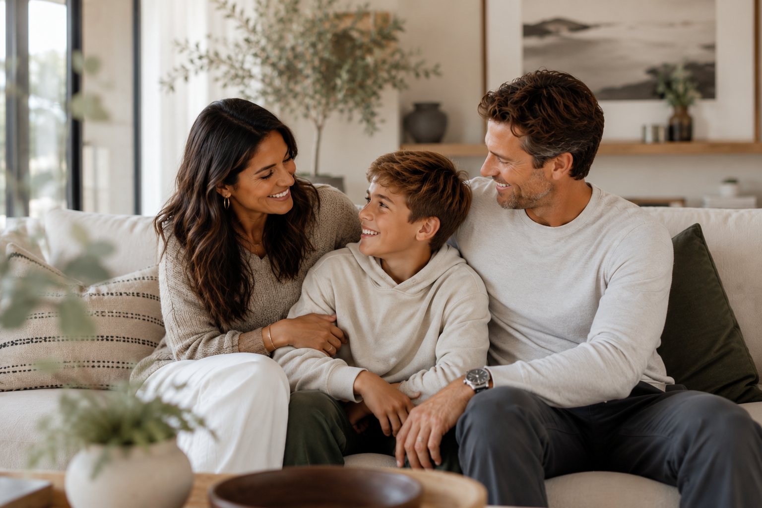Family sitting on sofa in Oakville Ontario