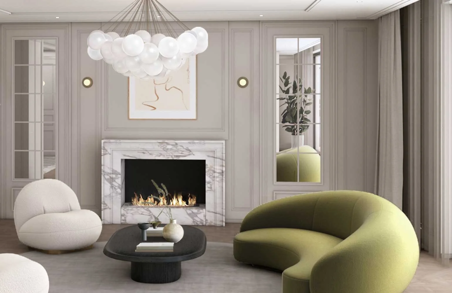 Modern living room with a marble fireplace, abstract art, and unique green and cream chairs, a black coffee table, a large chandelier, and a potted plant.