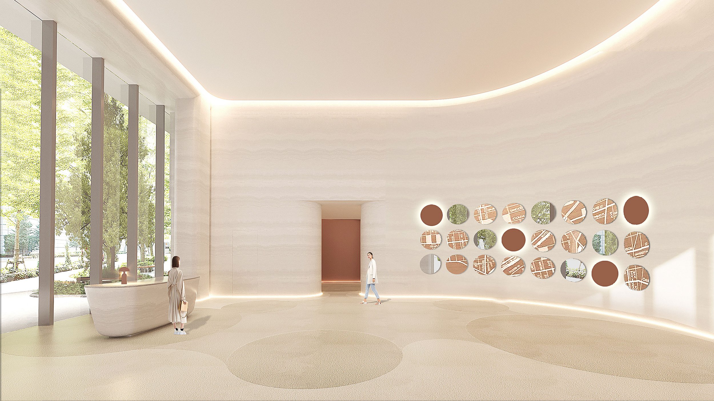 The image shows a modern, minimalistic interior with large windows revealing greenery outside. There is a white reception desk on the left and a wall on the right with decorative mounted circular panels, some with geometric patterns. Two women are inside, one near the reception desk and another near the patterned wall, both dressed in light-colored clothing. The ceiling features a curved design with integrated lighting.