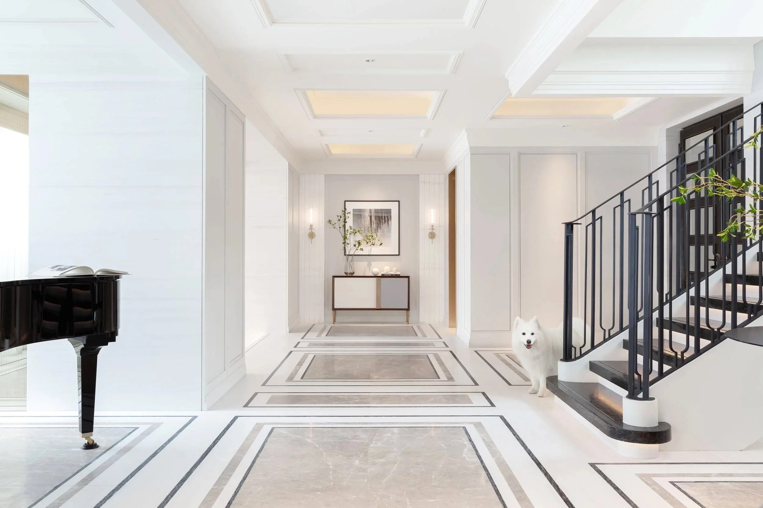 Luxury hallway with piano in Duet Show House, a residential design in Tuen Mun, Hong Kong