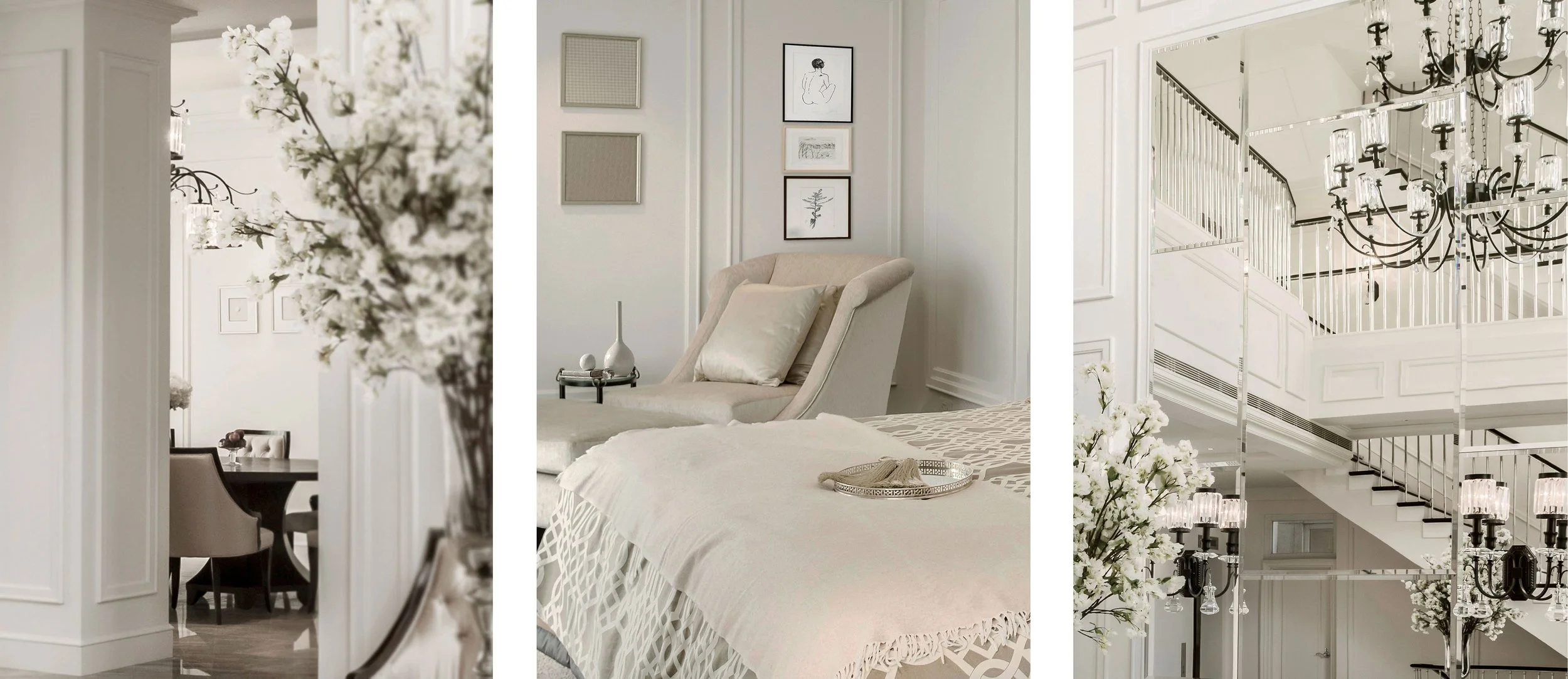 A collage of three images showcasing a luxurious, white-themed interior. The first image features a blurred view of a flower arrangement in a room with dark furniture. The second image shows a cozy guest bedroom with a plush chair, wall art, and decorative accents. The third image depicts a spacious area with a staircase, multiple chandeliers, and floral arrangements.