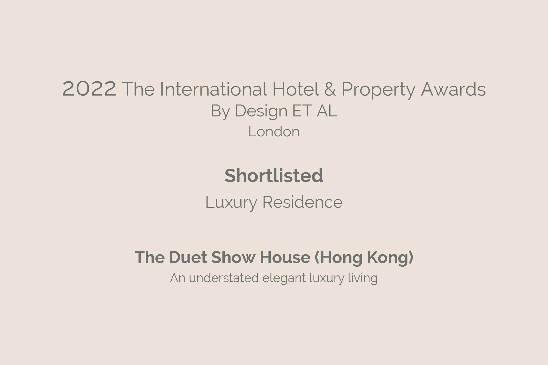 Cover slide for the 2022 International Hotel & Property Awards by Design ET AL London, mentioning shortlisted luxury residences and other event details.