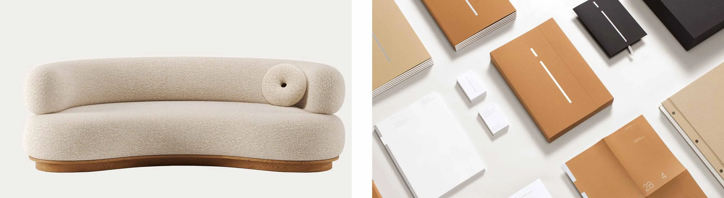 Split image showing a beige upholstered sofa with a rounded armrest and a circular pillow on the left, and a flat lay of various notebooks and paper products in earth tones on the right.