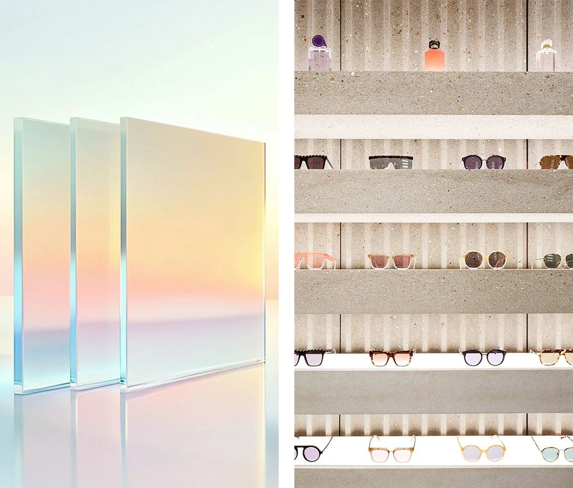 Left side: a pastel rainbow-colored abstract art piece with vertical lines. Right side: a bookshelf with multiple shelves holding sunglasses, glasses, and bottles on a concrete background.