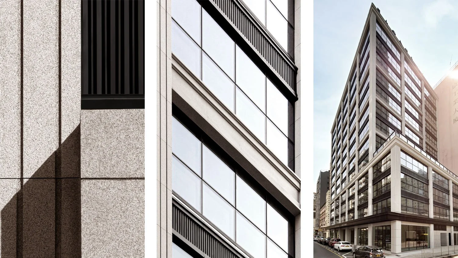 Close-up of modern urban building facades with textured concrete, glass windows, and architectural details, with a street view of a tall building and parked cars.