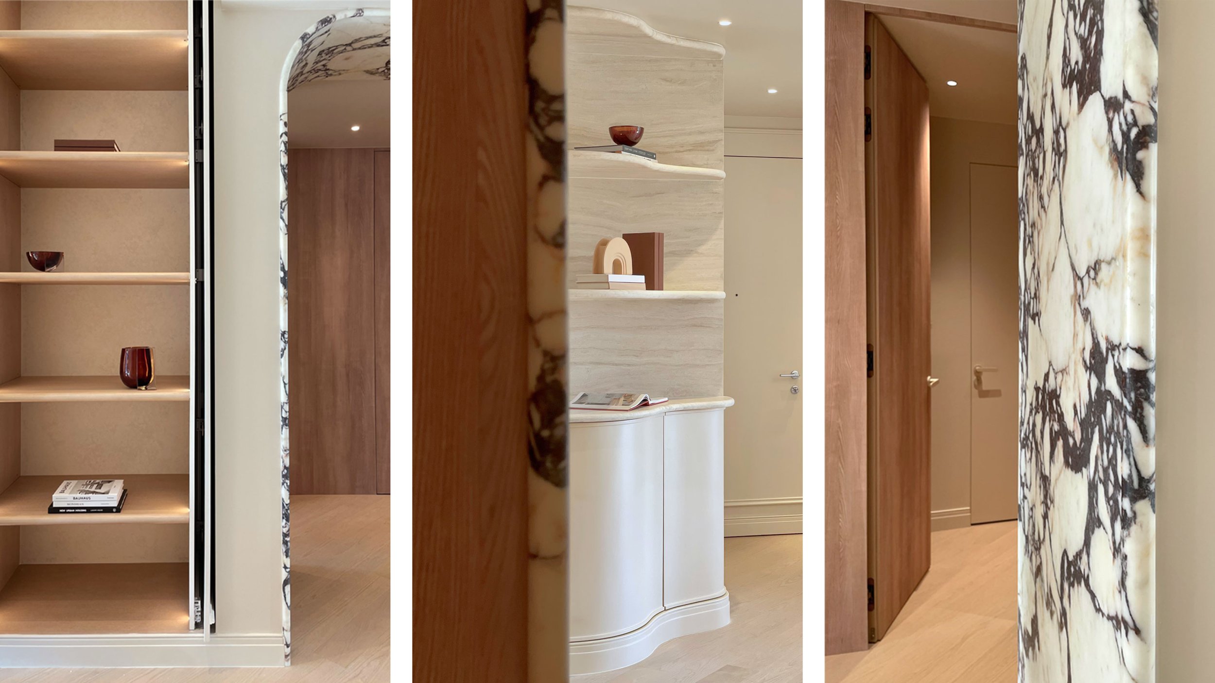 Striped marble wall, beige bookshelf with decorative objects, wooden door, marble wall, beige curved cabinet with books and decor, beige door, marble wall.