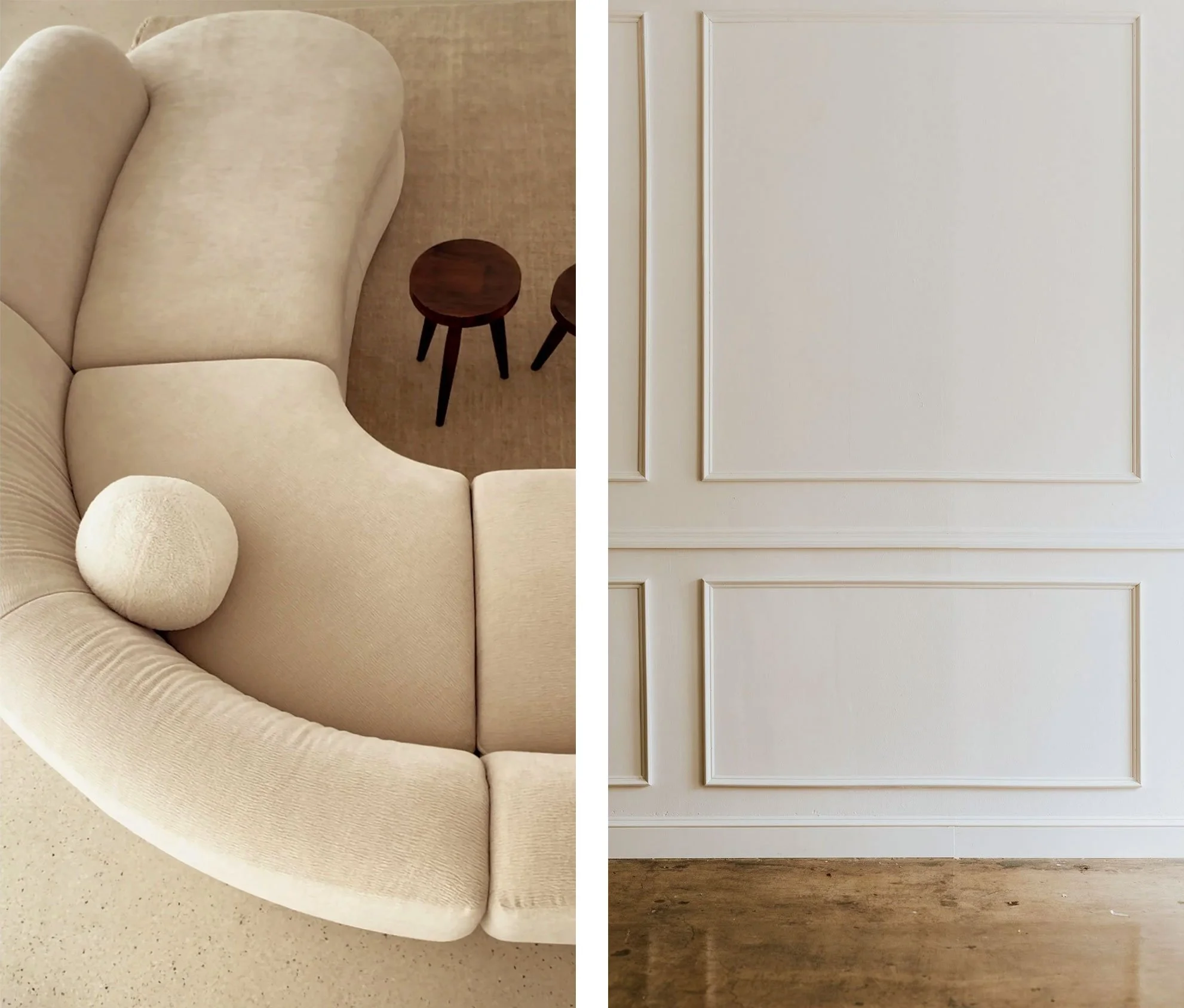 A split image shows a beige upholstered sofa with a round pillow on a beige floor on the left, and a white wall with decorative molding on the right.