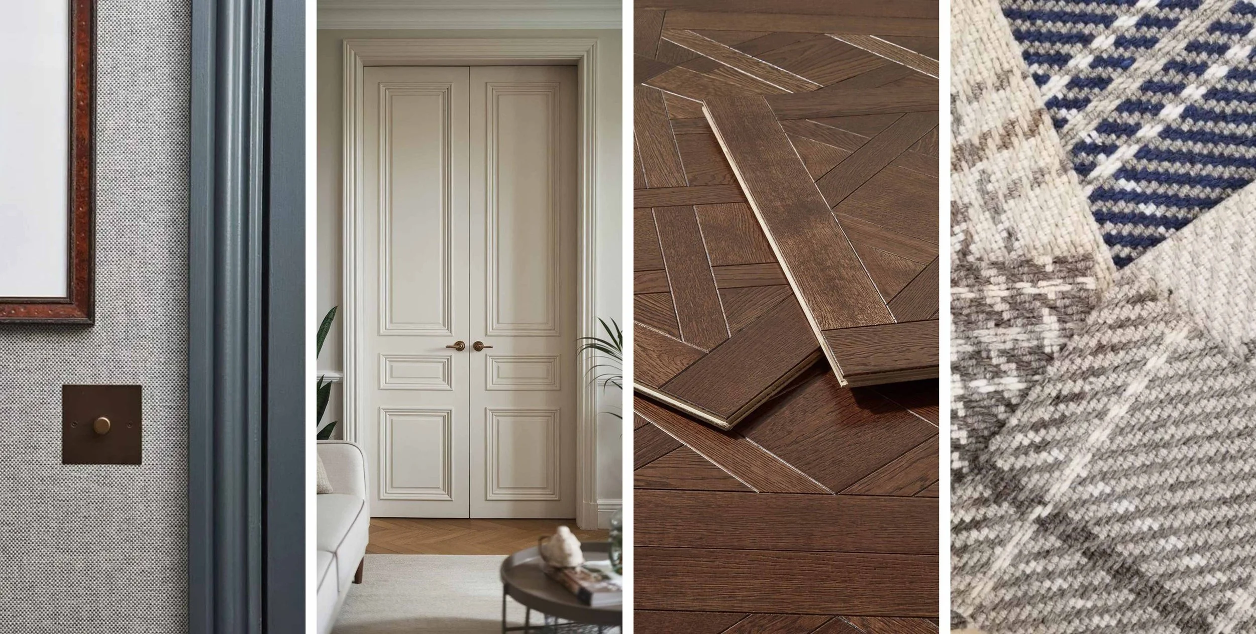 A collage of four interior design elements: a close-up of an elevator wall with textured surface and metallic accents, a pair of white double doors with decorative molding in a cream-colored room, a display of wooden flooring samples with a herringbo