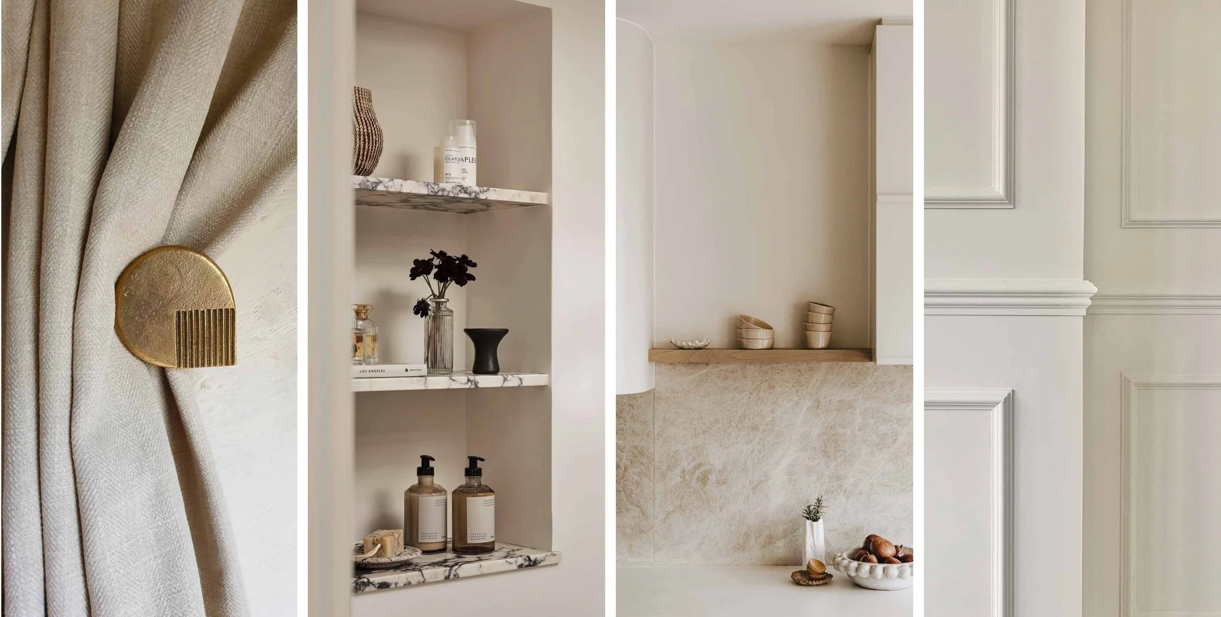 A collage of four images of interior decor in a neutral color palette. The first shows a beige curtain with a gold decorative hook. The second features a built-in shelf with toiletries, vases, and decor items. The third displays a marble and beige co