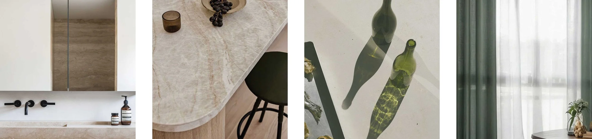 A collage of four images showcasing a modern bathroom and interior decor. The first image features a white sink with black fixtures and two brown bottles. The second image is a close-up of a marble countertop with small black grapes and glass contain