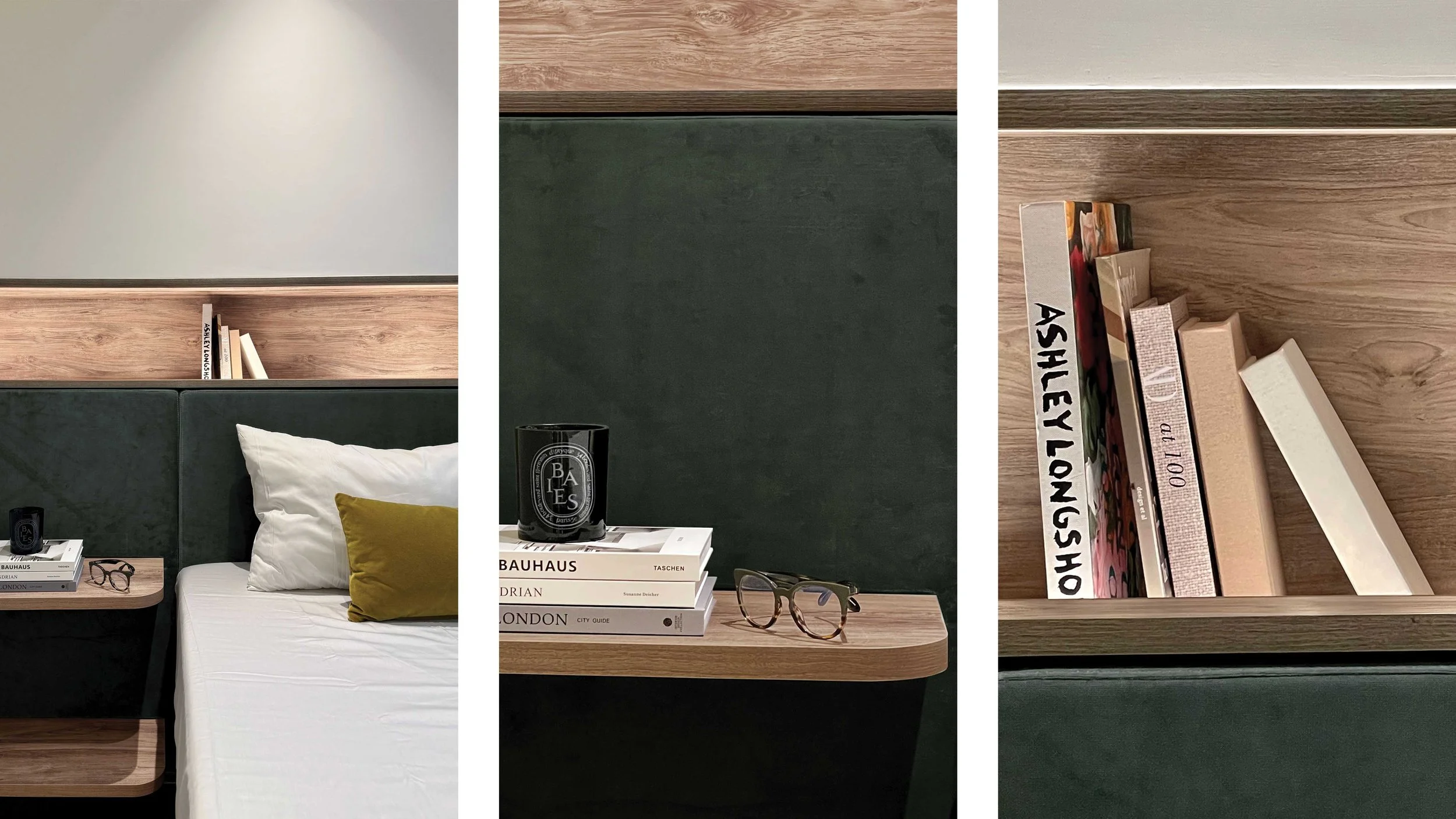 A bedroom with a green upholstered headboard, a white pillow with a yellow pillow, and wooden wall panels. Beside the bed, a nightstand holds books, glasses, and a black candle.