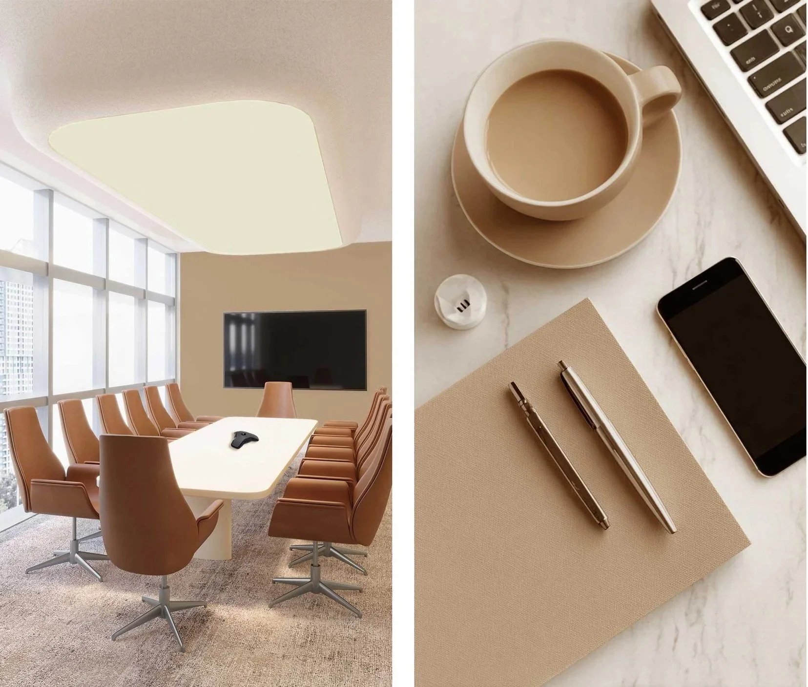 Split image showing a conference room with a large window and a long table with brown chairs, and a close-up of a workspace with a coffee cup, smartphone, notebook, pens, and laptop.