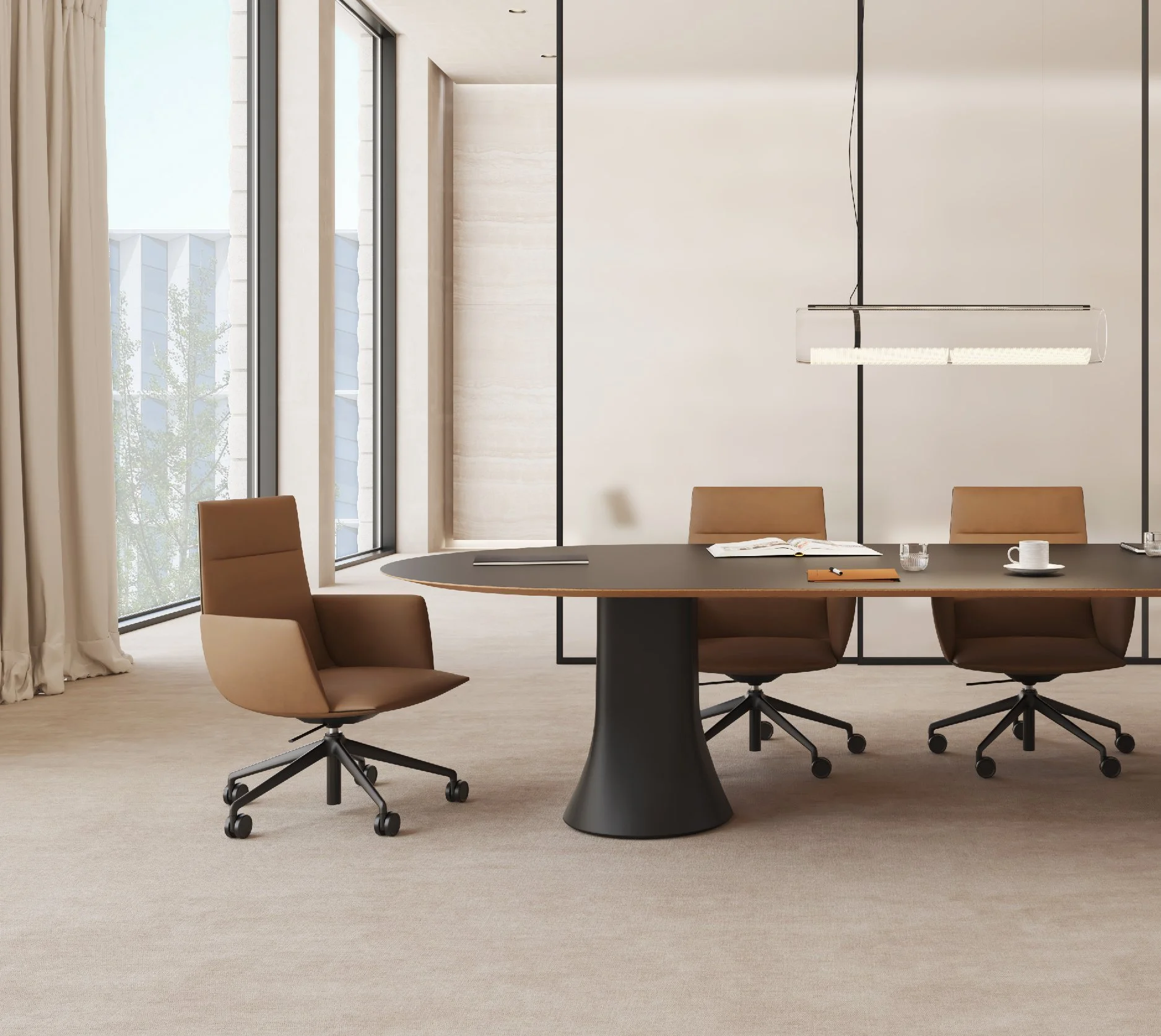 Modern conference room with a round table, leather office chairs on casters, large windows with beige curtains, and a minimalist pendant light fixture.