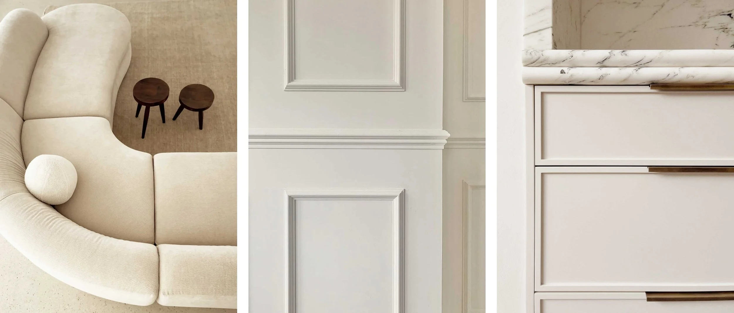 A collage featuring three images: a beige sectional sofa with two small round wooden stools and a decorative pillow, white wall panel molding, and a white kitchen countertop with marble finish and cabinetry.
