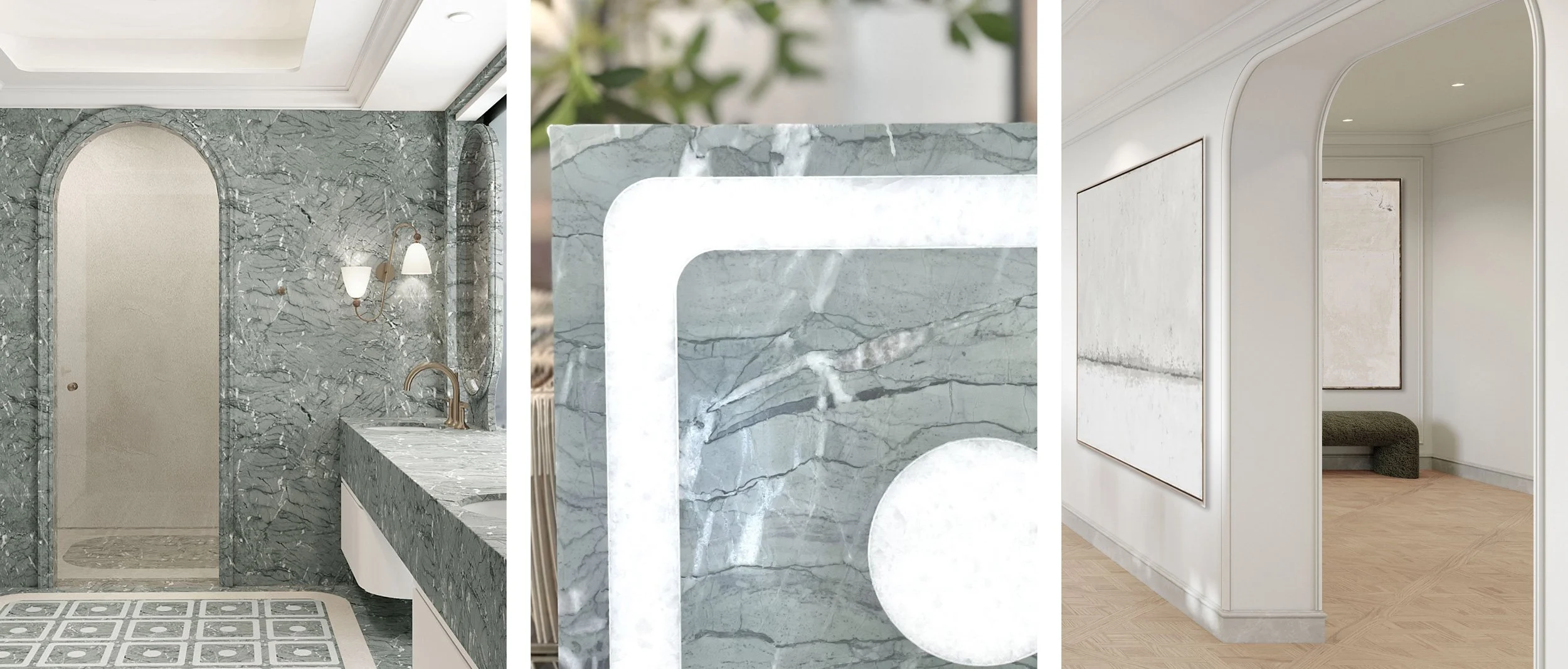 A collage of three images featuring different interior spaces. The first shows a bathroom with gray marble walls, a patterned floor, and a door in a rounded arch. The second close-up capsules of greenish-grey marble with white and darker grey veins. 
