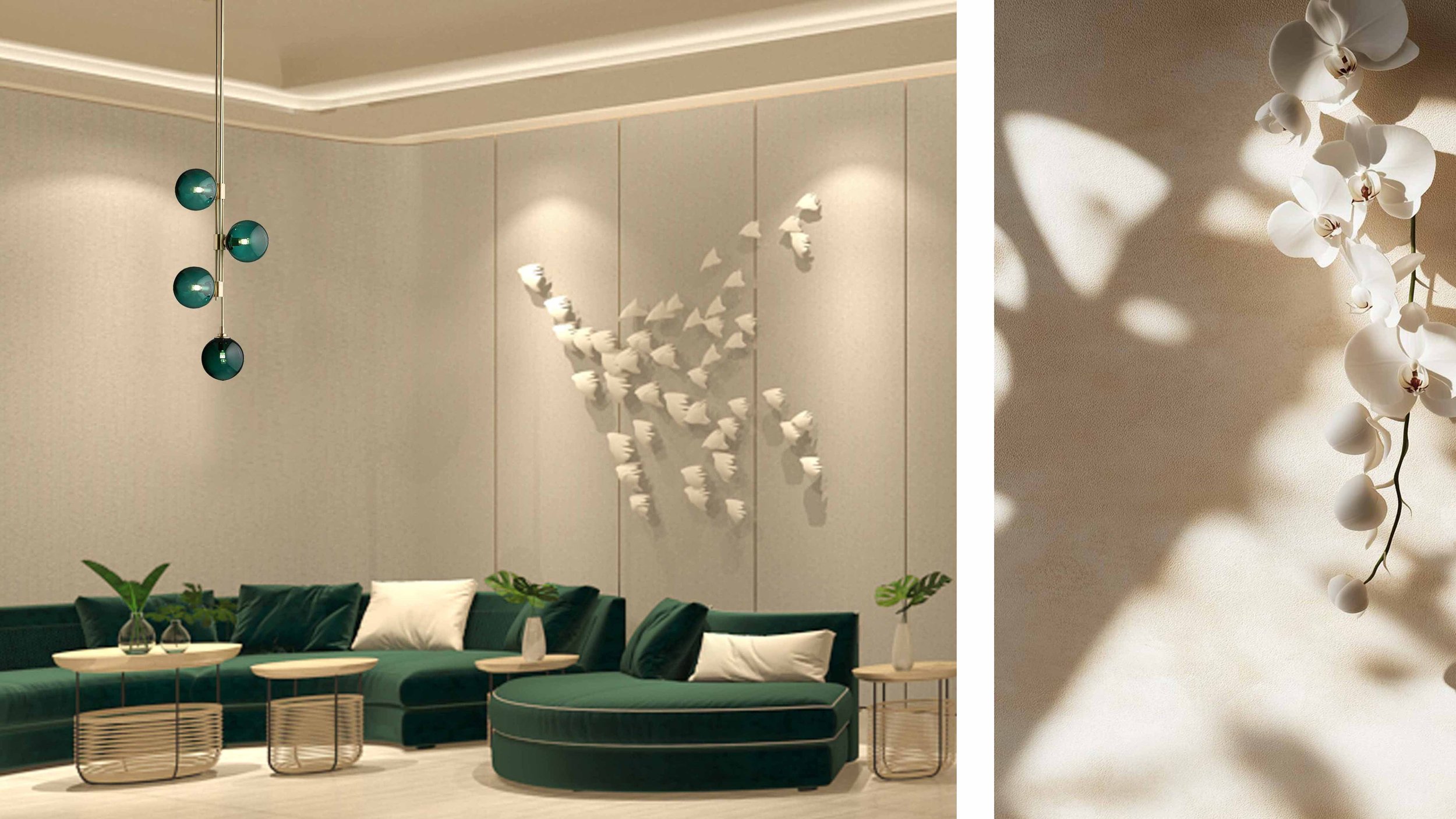 Modern living room with green velvet sofa, white pillows, and glass-top tables. Decorative wall with butterfly shadow art and white orchid branch with shadow on wall.