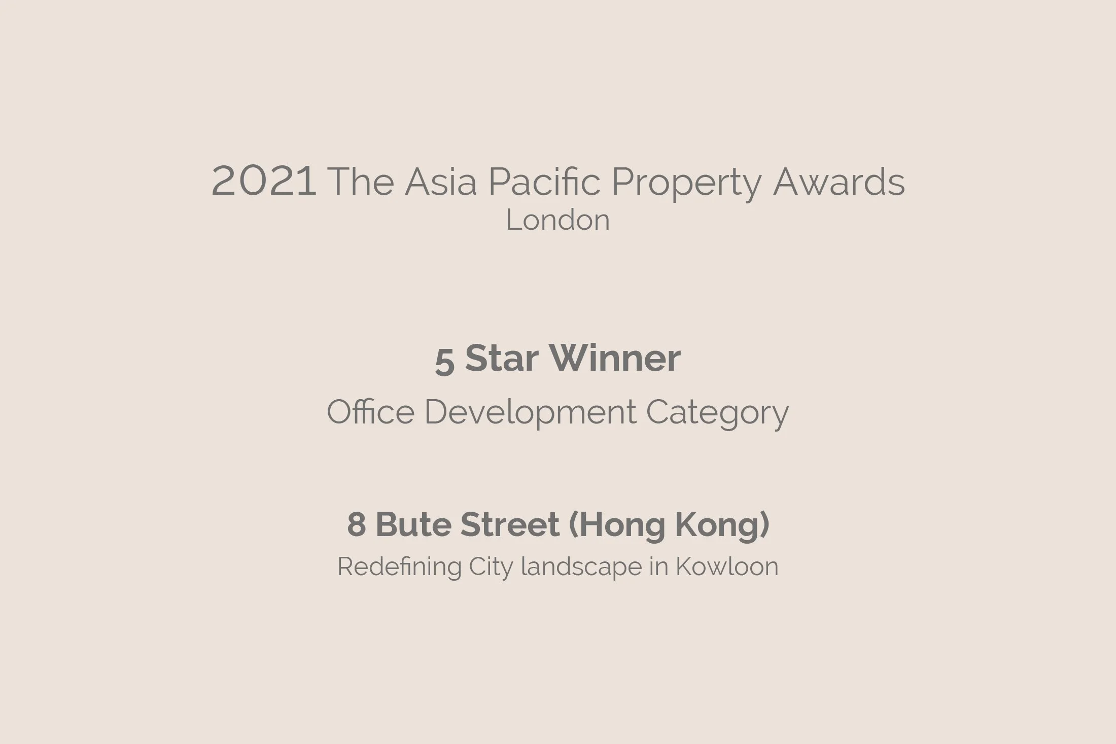 Text displaying the 2021 Asia Pacific Property Awards in London, with winners in office development and urban renewal categories.