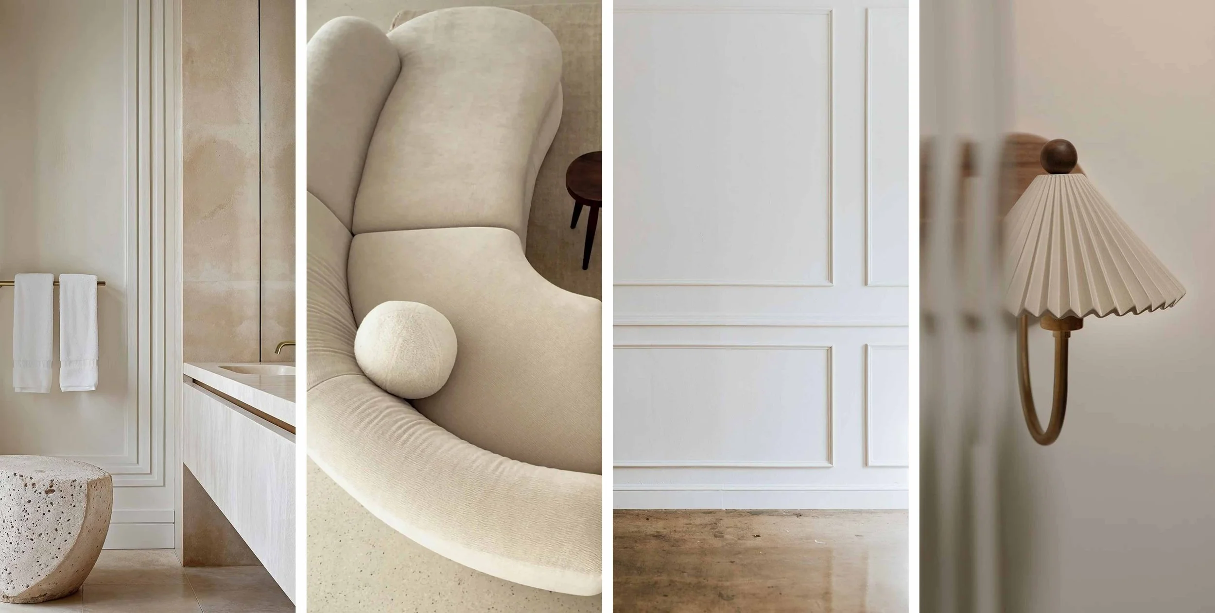 A collage of interior decor elements including a bathroom with beige walls, a beige sofa with a round pillow, a white paneled wall, and a wooden lamp with a pleated lampshade.