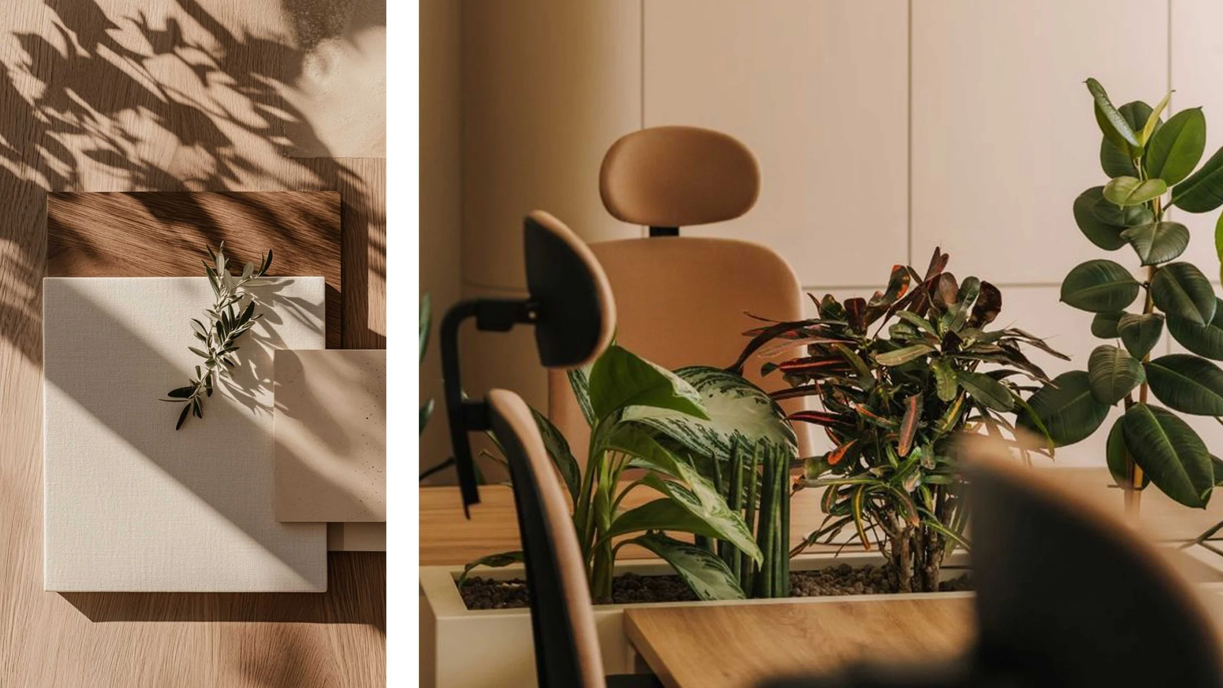 A cozy indoor space featuring a wooden dining table with a white ceramic tile, a small plant, and a variety of green houseplants, including a rubber plant and a fiddle leaf fig, with beige cabinetry in the background.