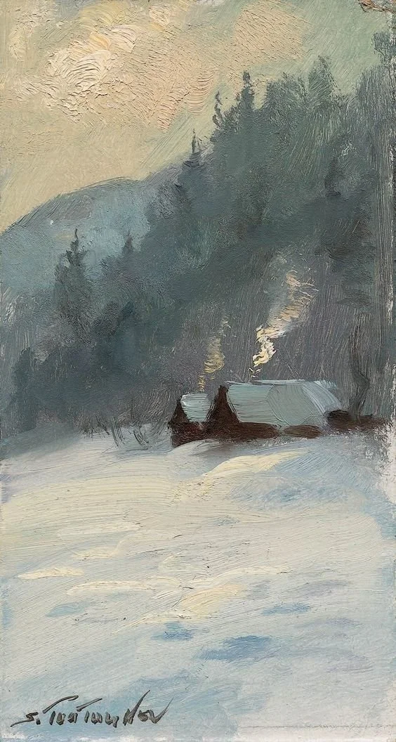 Snowy Cabin Scene in grey - Sunday Oct. 25th at 1pm - 1459 Humboldt Rd, Chico.