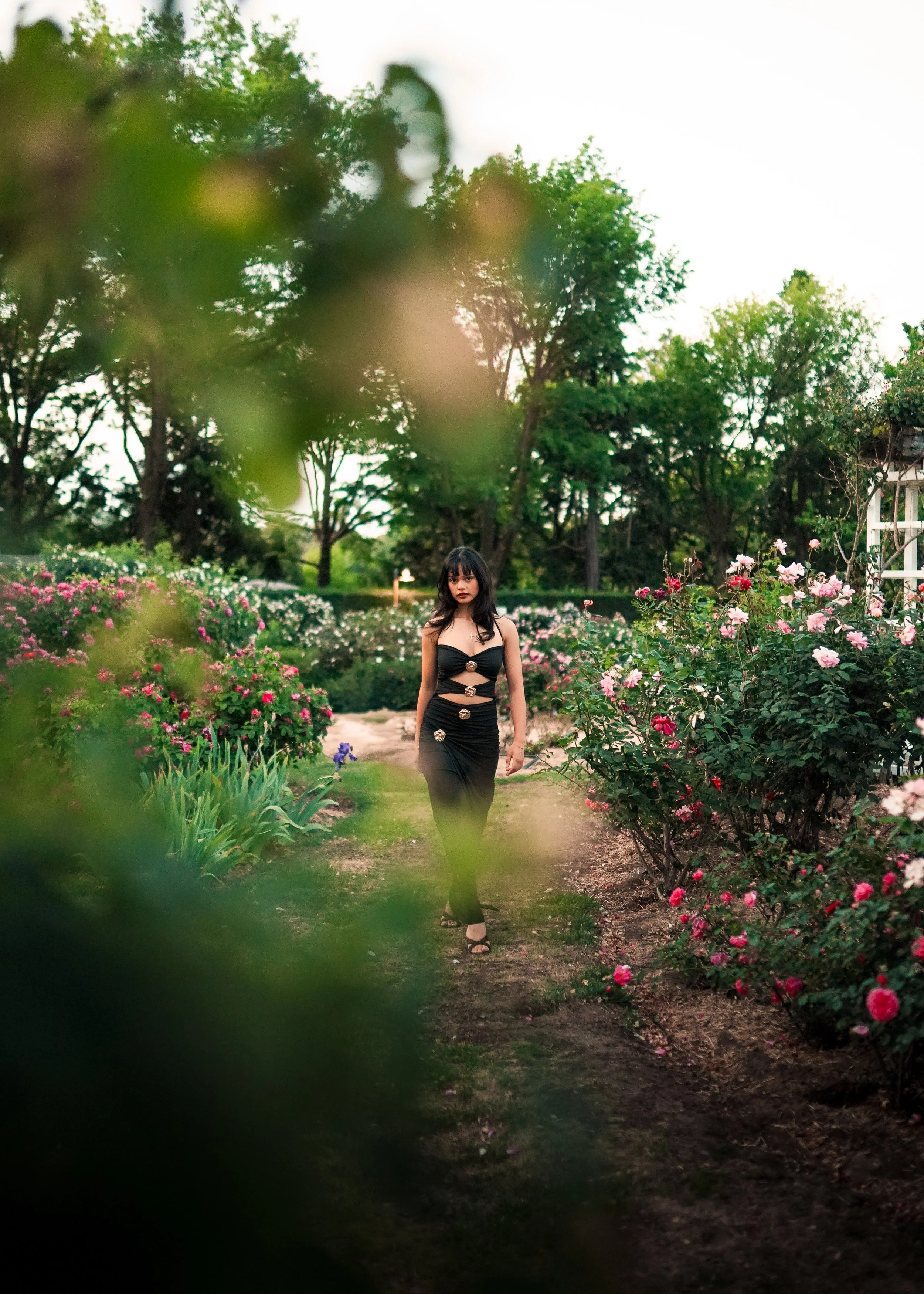 Lifestyle Photography | A fashionable woman modelling in a garden with pink and white roses, surrounded by lush green trees and foreground to enhance the image. artistic, minimal and vogue style photography.