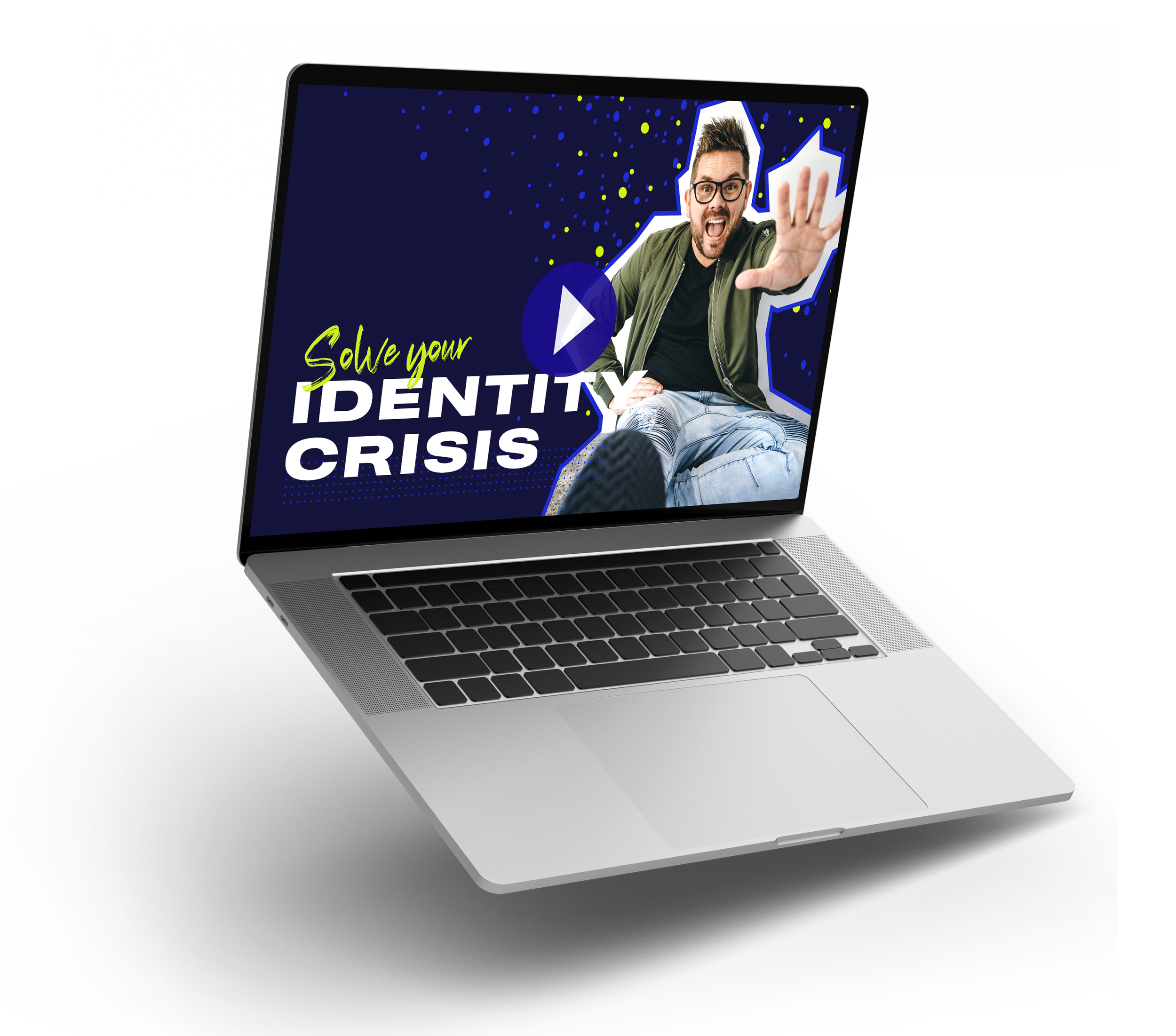 A laptop displaying a video thumbnail with a man reaching out and the text 'Solve your IDENTITY CRISIS' on the screen.