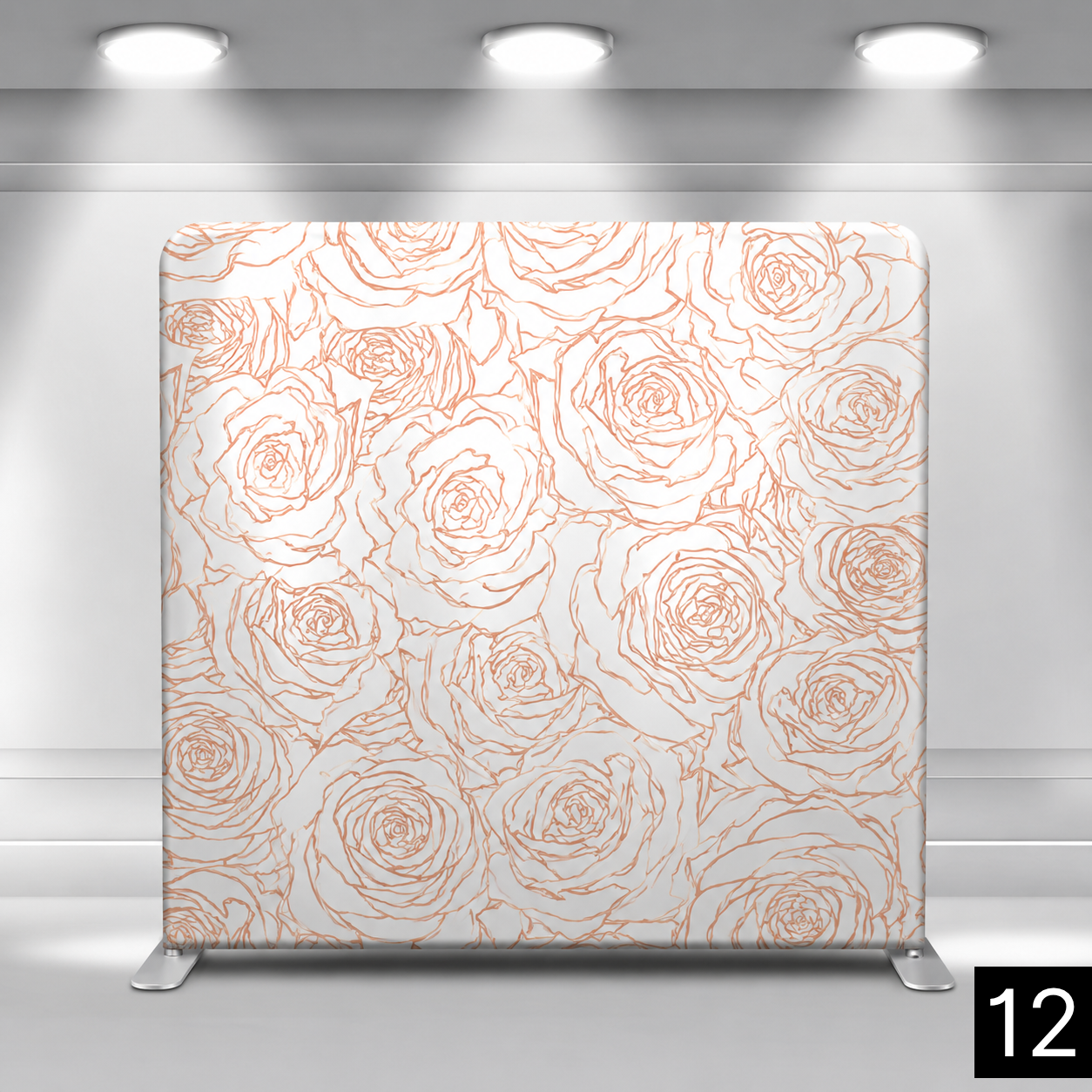 White backdrop with an all-over pattern of overlapping rose gold line-drawn roses. Soft, romantic, and modern. Great for weddings, bridal showers, and anniversaries