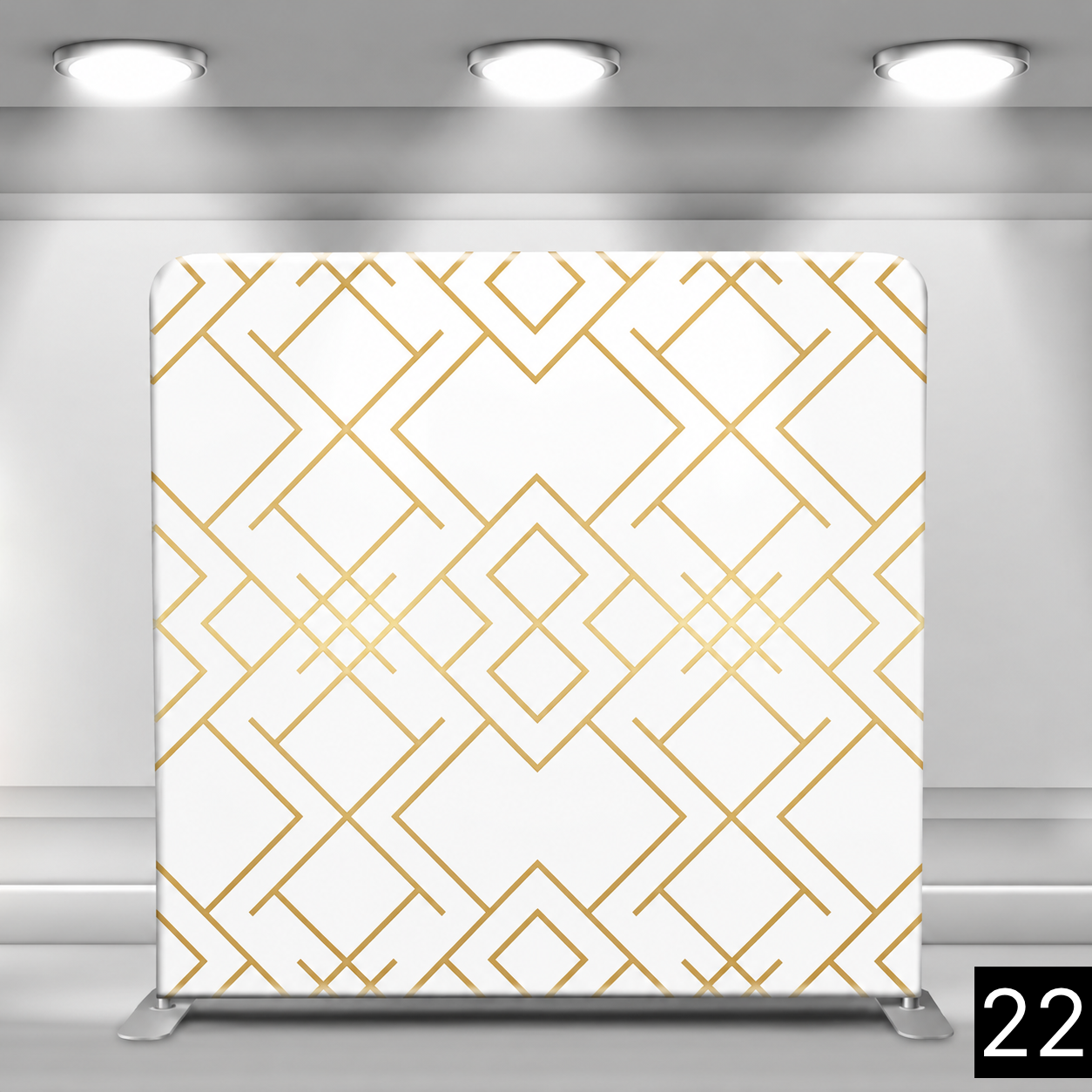 White backdrop with a repeating pattern of overlapping gold diamond and square shapes. Art deco-inspired and glamorous. Great for upscale events, galas, and weddings