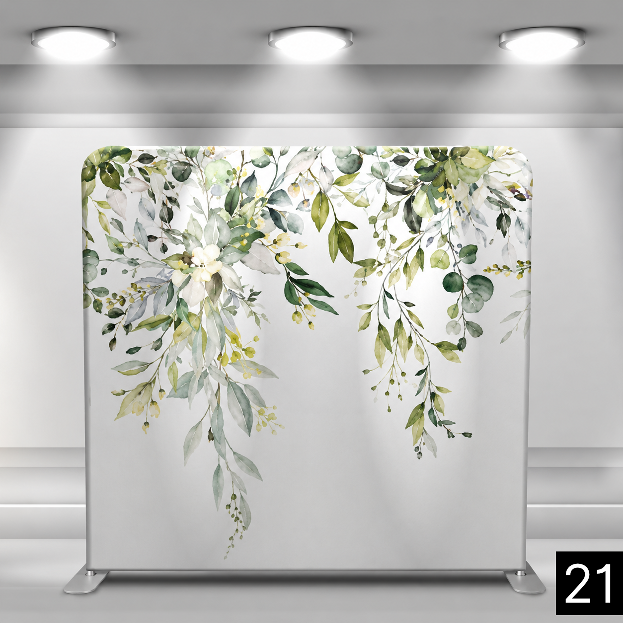 White backdrop with a cascading watercolor arrangement of eucalyptus leaves, greenery, and white flowers draping from the top. Soft and romantic. A top choice for weddings and bridal events